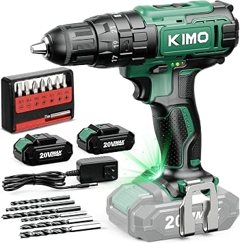 KIMO Cordless Hammer Drill Set with 20V 2.0Ah Battery 2 Packs, 21+3 Position, 0-1350 RPM, Max 350 In-lb Torque, 3/8" Keyless Chuck, 14pcs Accessories, Power Drill for Drilling Wood Bricks Walls Metal