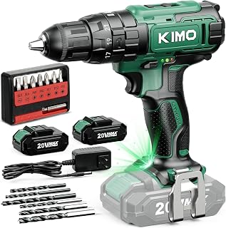 KIMO Cordless Hammer Drill Set with 20V 2.0Ah Battery 2 Packs, 21+3 Position, 0-1350 RPM, Max 350 In-lb Torque, 3/8" Keyless Chuck, 14pcs Accessories, Power Drill for Drilling Wood Bricks Walls Metal