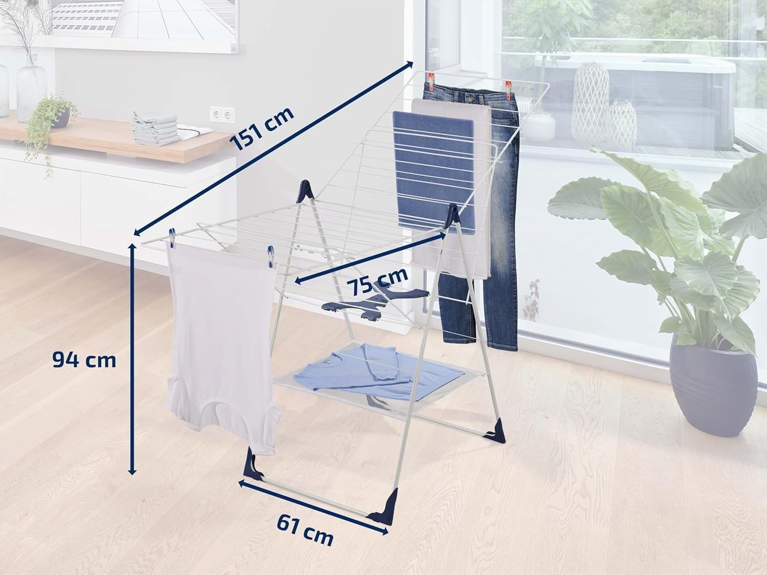 Leifheit Séchoir sur pied Classic 250 Flex, étendoir avec filet à linge, tancarville pliable et résistant aux intempéries, longueur d'étendage de 25 m