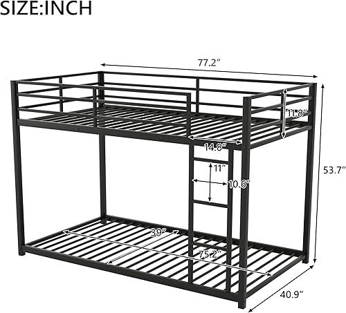 Miniatura 2 de Harper & Bright Designs Litera de metal individual sobre individual, litera baja resistente con barandillas de seguridad y escalera (negro)