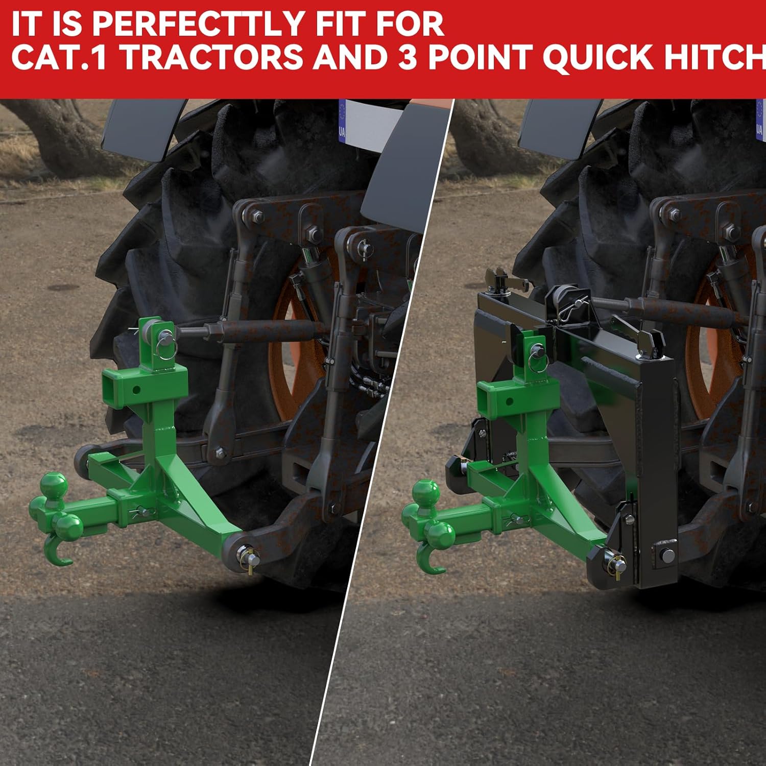 Green 3 Point Quick Hitch Dual 2” Receiver with Trailer Ball Hitch and Hook, 3 Point Trailer Hitch for Standard/5th Wheel/Goose Neck Connections, 3 Pt Hitch Farm Equipment and Subcompact Trailer Hitch