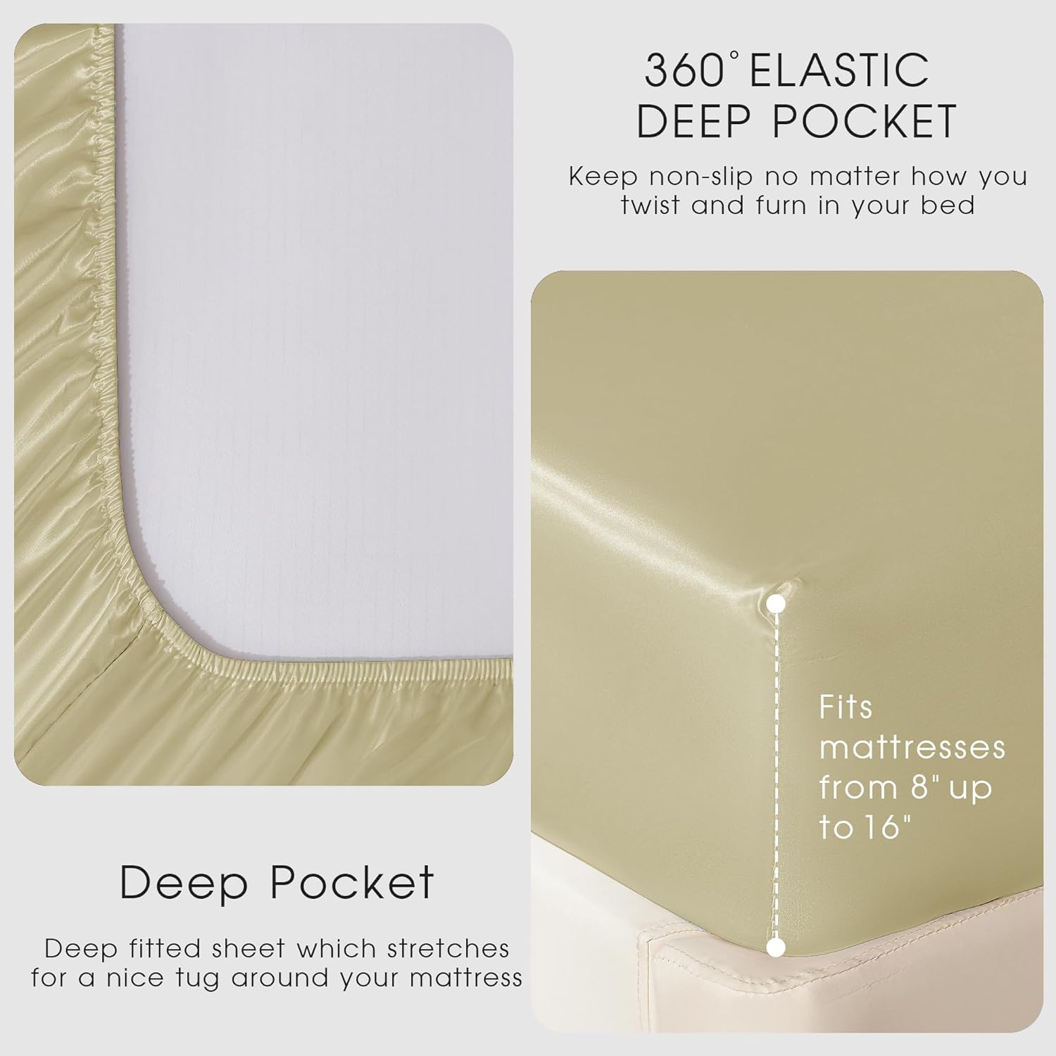 FreshCulture Satin Sheets Queen Size Bed Set- 4 Piece Luxury Soft Silky Queen Sheet Set, Similar to Silk Bed Sheets with 1 Deep Pocket Fitted Sheet, 1 Flat Sheet & 2 Pillowcases (Beige)