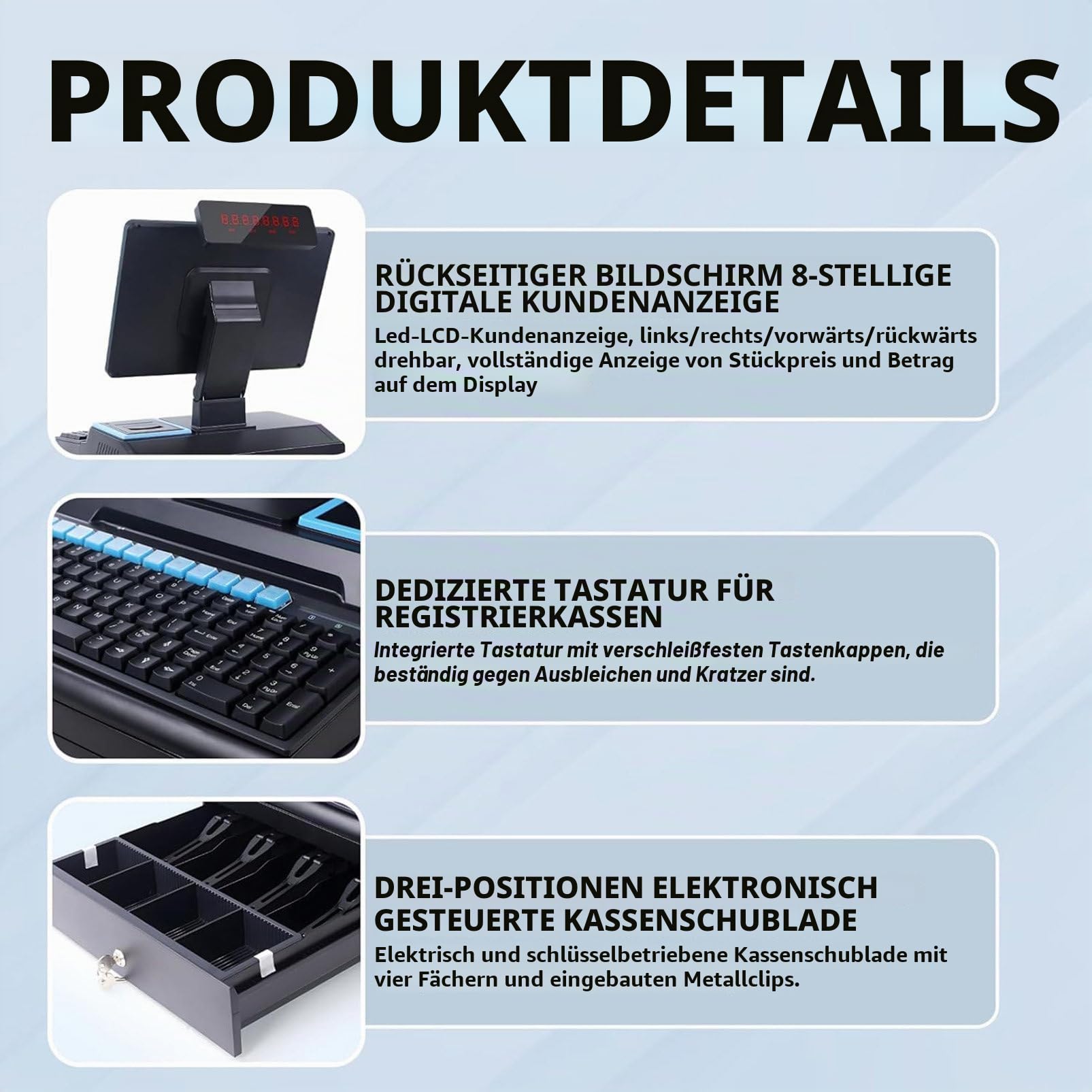 14-Zoll-All-in-One-Kassensystem, POS-Kasse mit Touchscreen, Verstellbarer Winkel, Eingebaut 58-mm-Drucker, 4 GB RAM, 64 GB SSD, Smarte Kasse für Kleine Unternehmen und Restaurants Blue