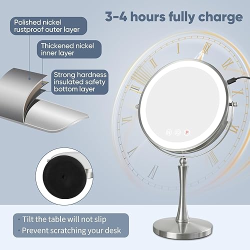 Miniatura 6 de Nicesail Espejo de maquillaje grande iluminado de 9 pulgadas, espejo de tocador con aumento 1X10X con iluminación LED regulable de 3 colores,