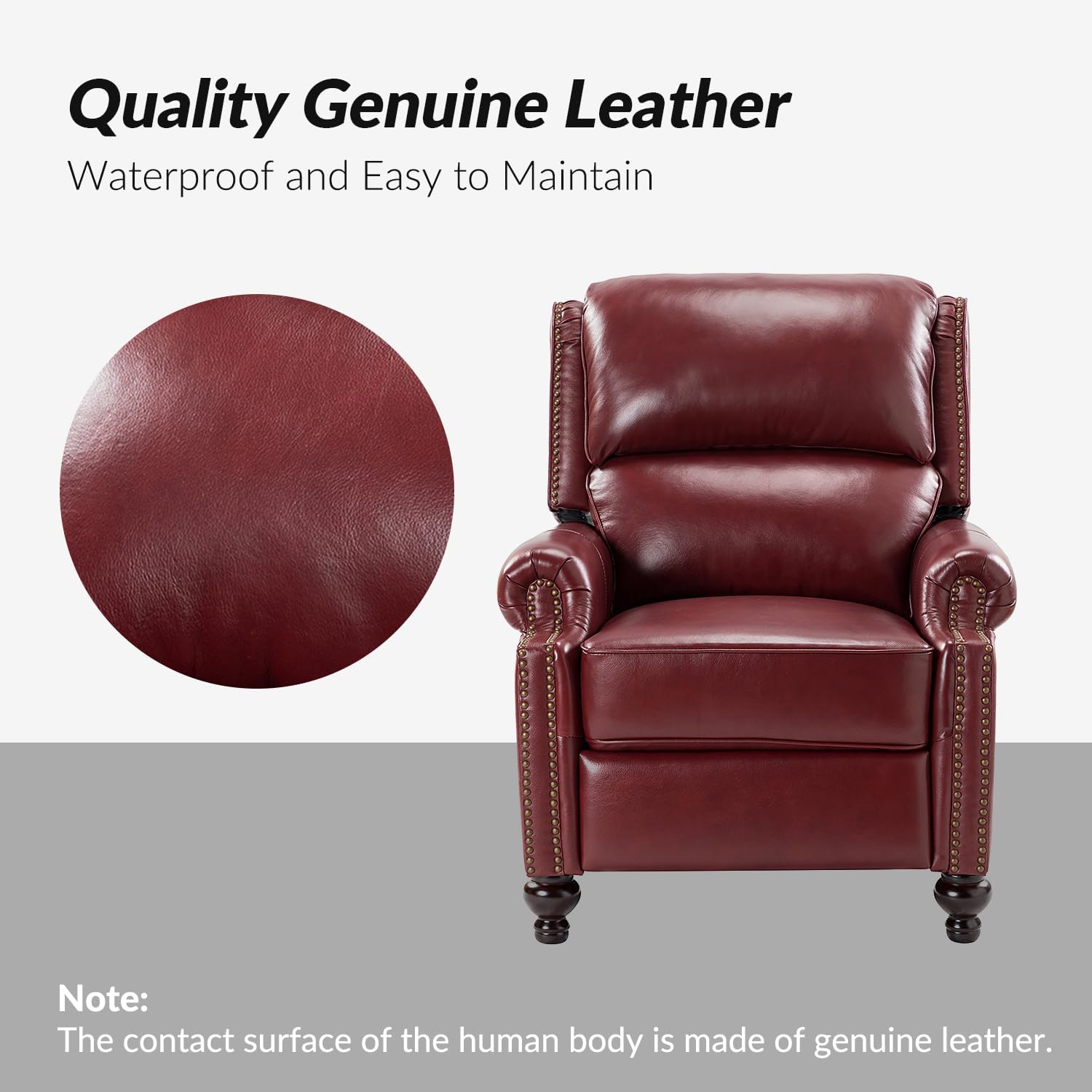 HULALA HOME Genuine Leather Wingback Recliner Chair with Thick Cushioned Seat, Traditional Push Back Leather Recliner with Nailhead Trim, Burgundy