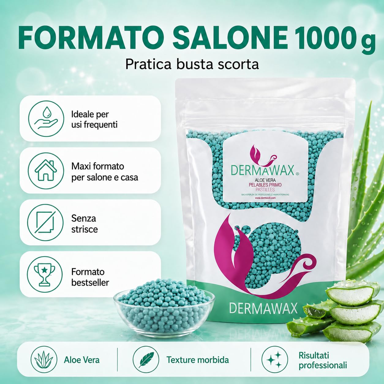 Dermawax Perle di Cera Aloe Vera 1 kg – Cera a Caldo Senza Strisce per Pelle Sensibile – Epilazione Professionale per Bikini, Viso e Corpo – Made in Italy