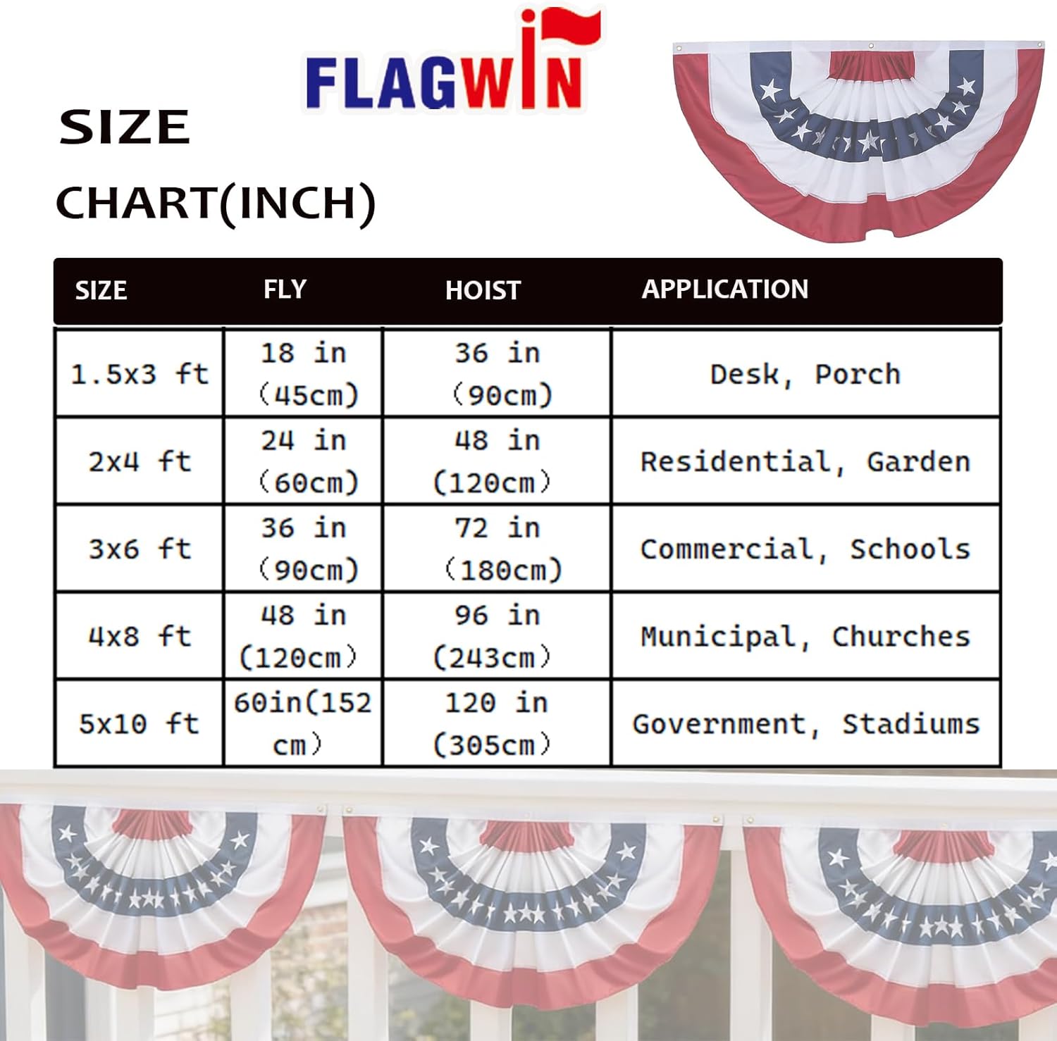 FLAGWIN American Bunting Flags Outdoor 3x6 Ft, Embroidered Stars Pleated Fan Banner for Outside, Heavy Duty Patriotic USA Bunting with 3 Brass Grommets for 4th of July Decorations