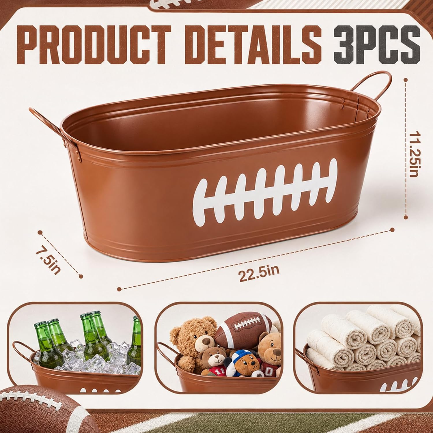 meekoo 3 Pcs Football Ice Bucket Beverage Tub Set, 6 Gallons Extra Large Metal Drink Cooler Beverage Tub with Handles for Beer Soda Wine, Oval Party Ice Tubs for Football Party Decor