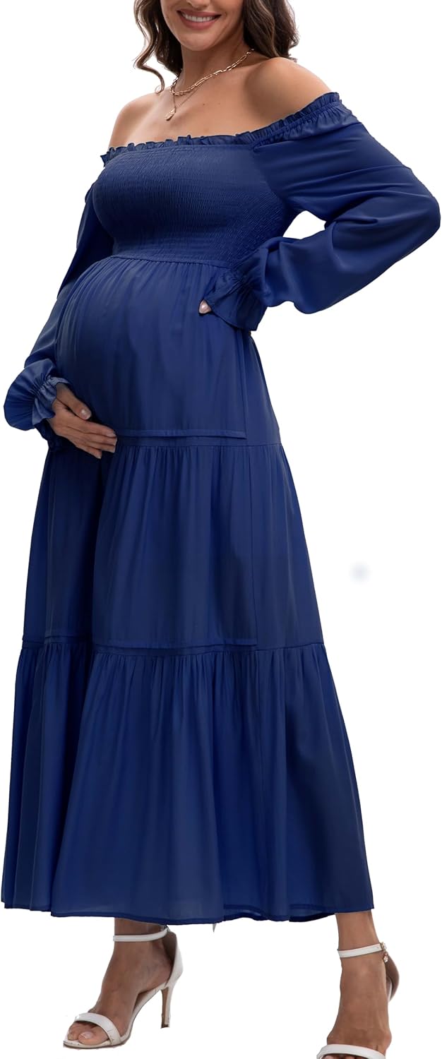 Women's Fall Long Sleeve Maternity Maxi Dress Flowy Tiered A Line Photoshoot Baby Shower Dress