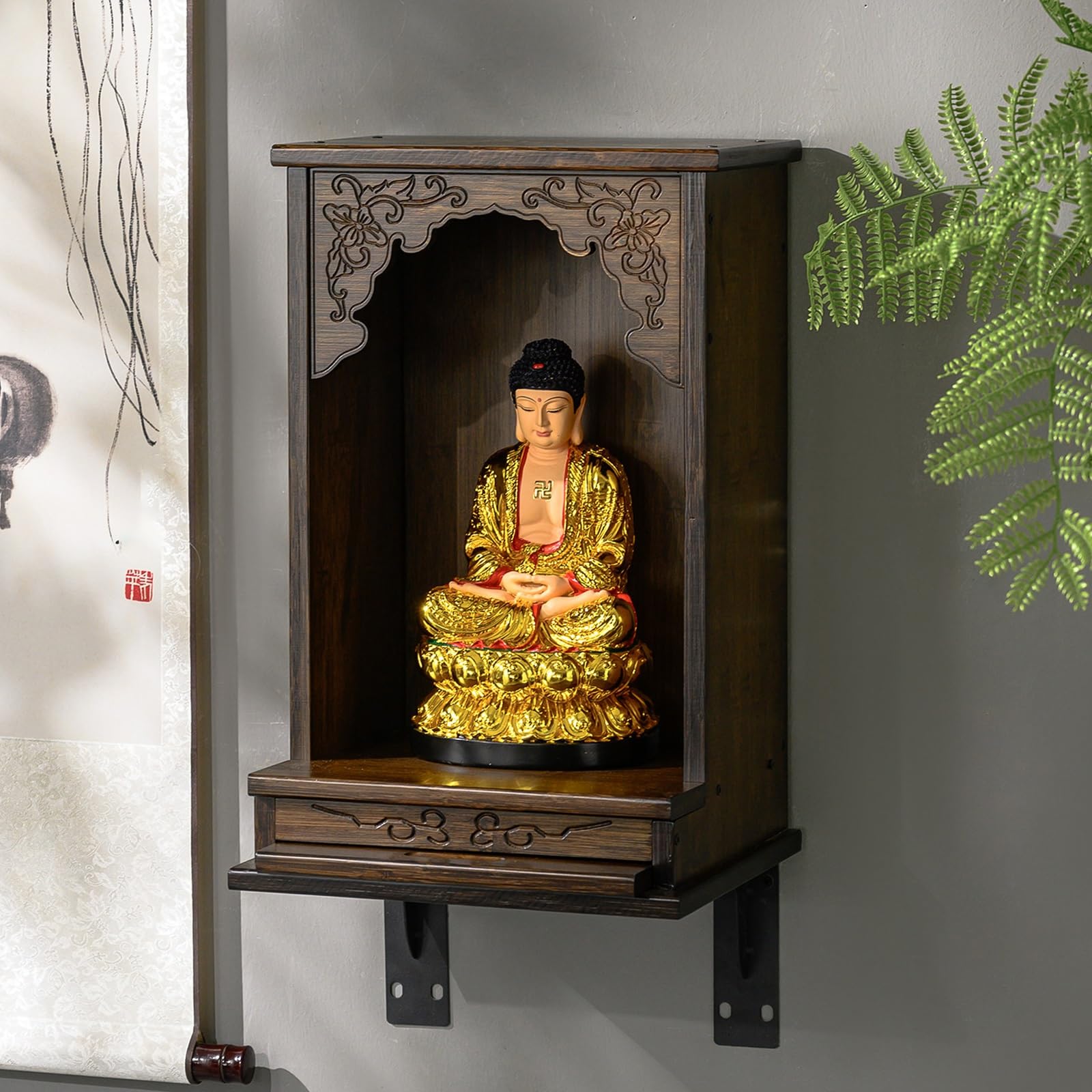 JNTFNE Wall Mounted/Tabletop Bamboo Altar Cabinet, Chinese Carved Buddha Shrine with Pull-Out Tray for Home Worship, Feng Shui Table & God Statues(Walnut-Wall Mounted,30cm/11.8in)