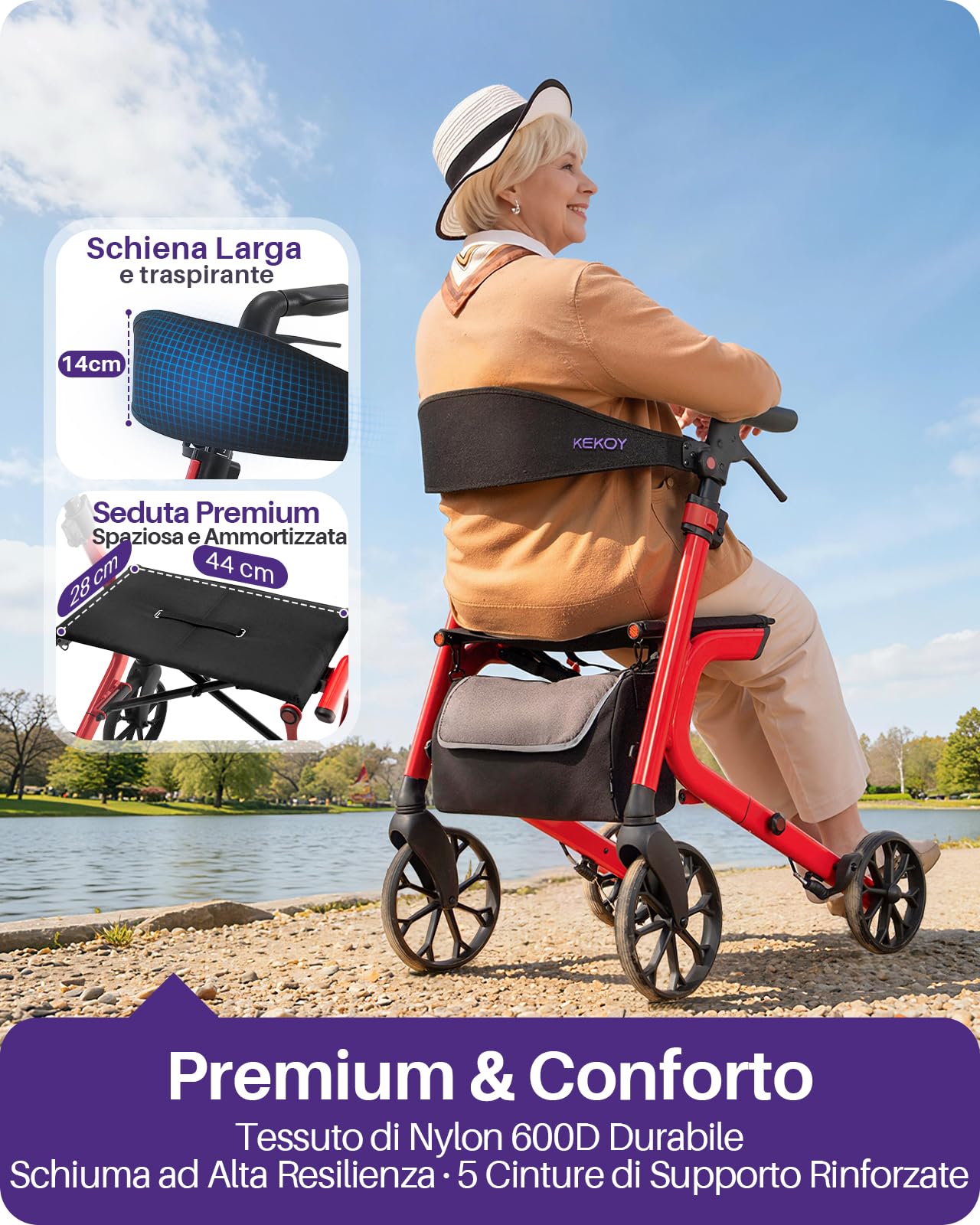 Kekoy Deambulatore per Anziani 4 Ruote con Seduta, Pieghevole, 181 kg Portata, Sedile 44 cm Largo, Ruote 25 cm Per Tutti I Terreni, Altezza Regolabile, Freni con Cavi Nascosti, Portaoggetti, Rosso