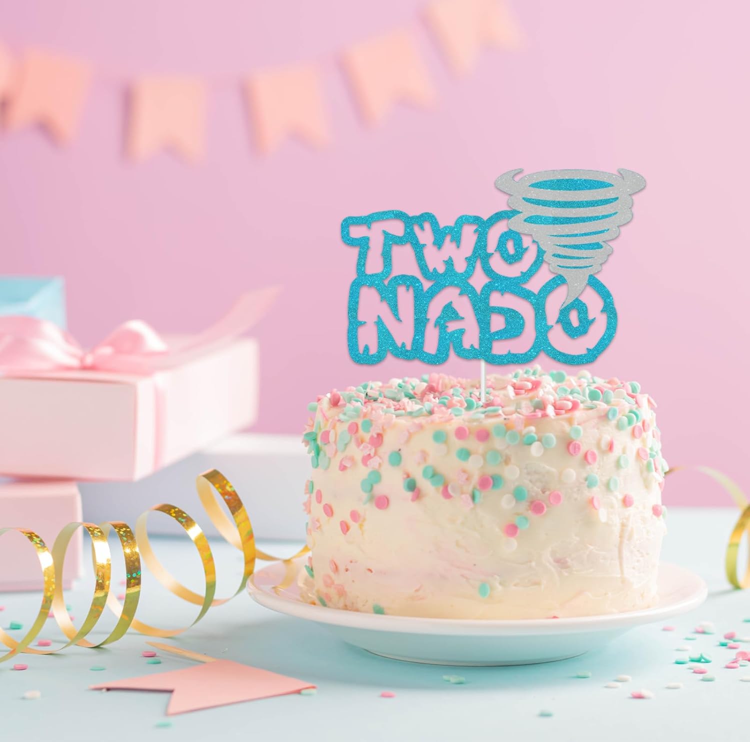 Two Nado Cake Topper - Tornado Sign 2nd Bithday Cake Picks - Kids Boys Two Years Old Themed Birthday Party Favors Decor - Blue Glitter 2nd Birthday Party Decoration Supplies
