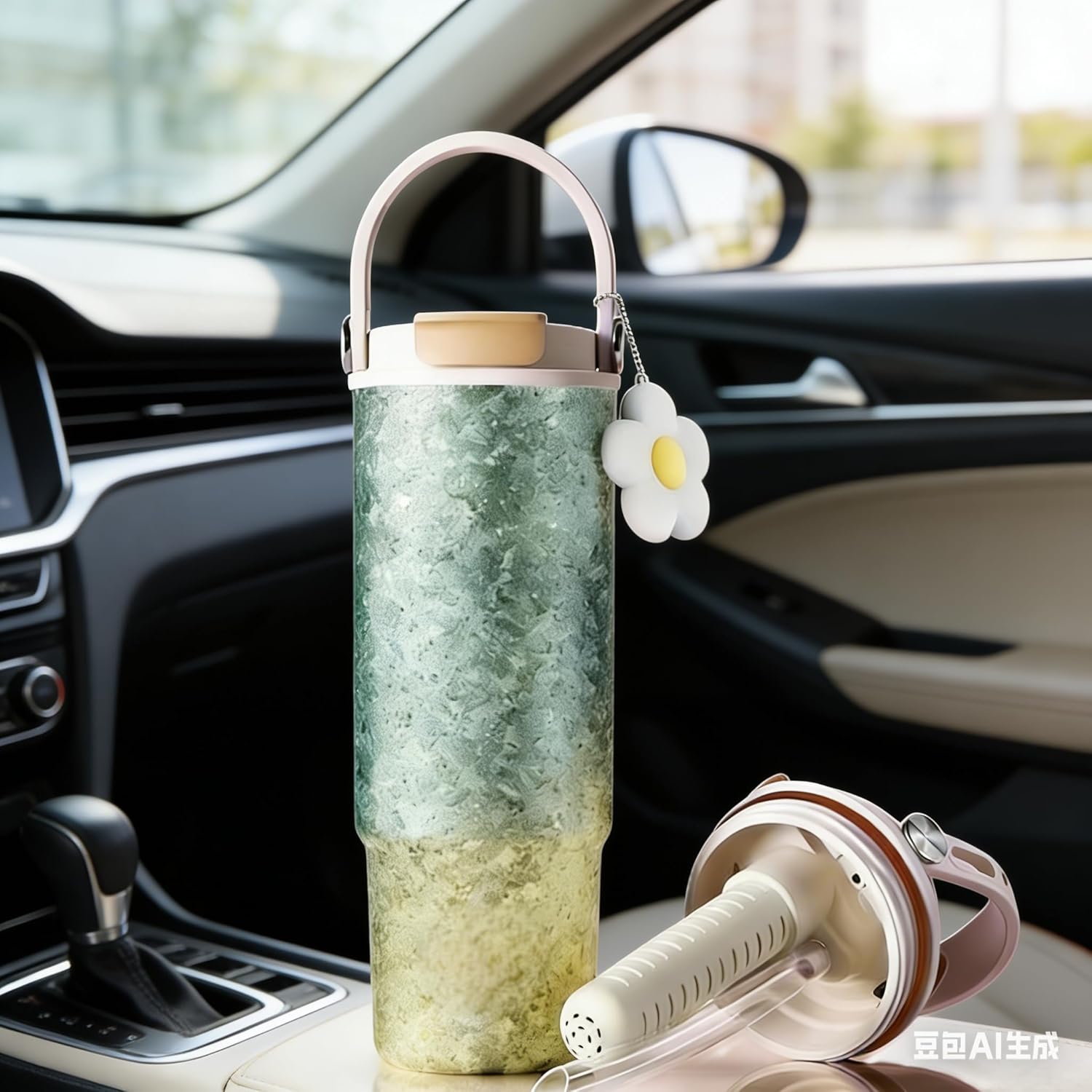 30oz/880ml Titanium Tumbler with straw lid & tea infuser,Leakproof Water Bottle for Hot & Cold Drinks,Insulated Coffee Thermos (Yellow cyan ripple)