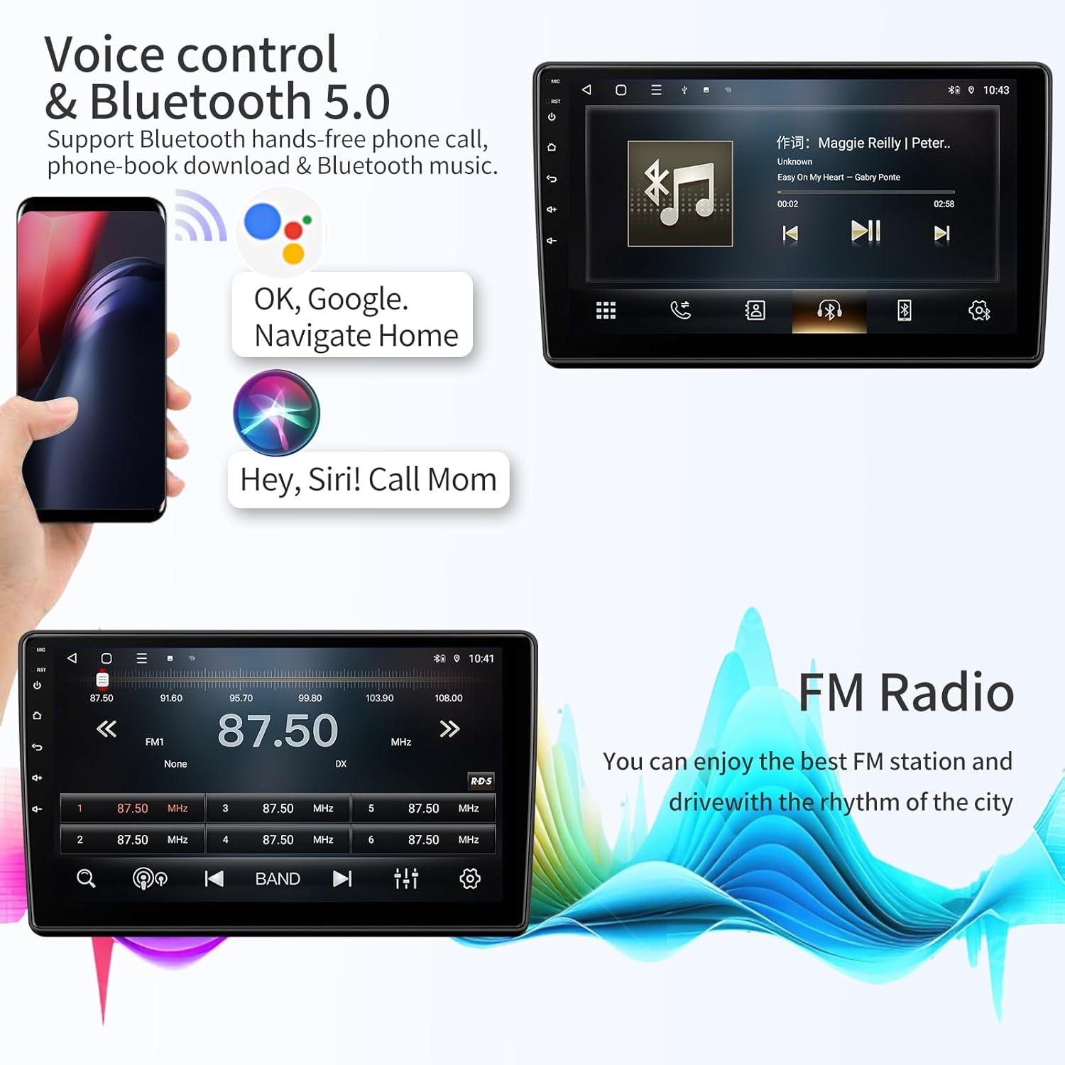 Voice control and Bluetooth 5.0 features of the car radio, demonstrating hands-free phone calls and music playback.