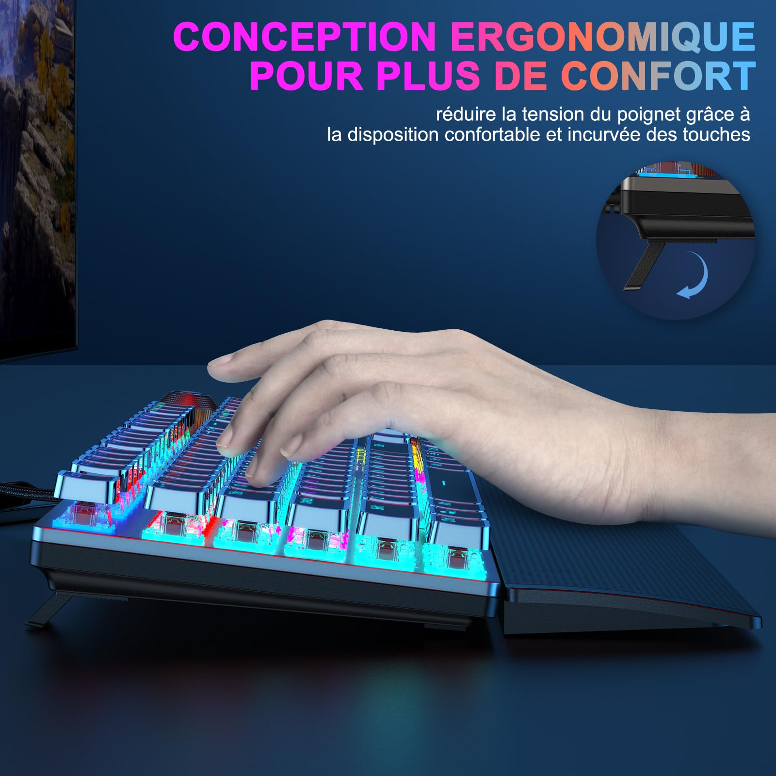 TECURS Clavier Gaming Mécanique - Clavier Gamer Programmable avec Repose-Poignet Magnétique, Switchs Rouges, 19 Modes LED, Touches Multimédia, Clavier AZERTY PC/Wins/PS4