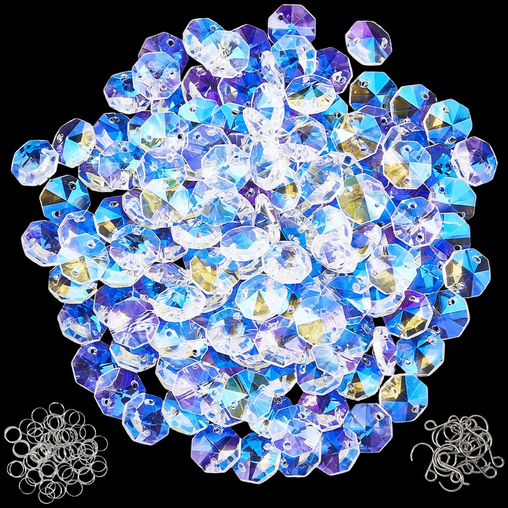 SOFPLATE 1 Box 240Pcs Colorful Crystal Suncatcher Beads Kit 150Pcs 14mm AB Octagon Glass Beads with S Hooks and Split Rings for DIY Chandelier Hanging Ornament Replacement Supplies Window Sun Catcher — image 1