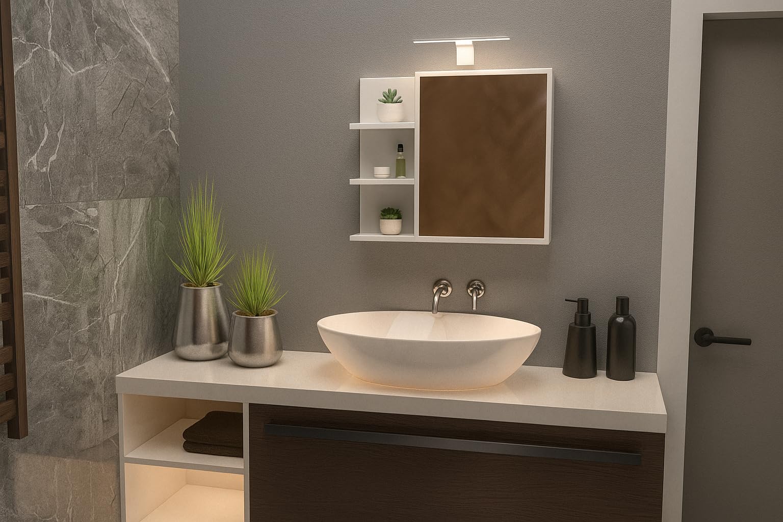 GERMAN Cosmo Spiegelschrank, Badezimmerschrank, Hängeschrank 60x50 cm, Weiß, mit 3 offenen Fächern & 2 Innenablagen, moderner Badschrank mit großem Spiegel, hergestellt in der EU
