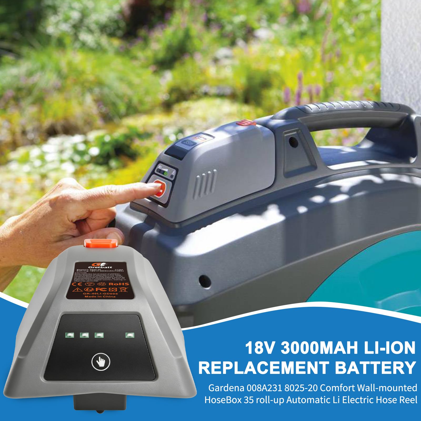 Batteria di ricambio da 18V 3,0Ah per Gardena 18V batteria 008A231 per Gardena 8025-20 Comfort Box 35 avvolgitubo elettrico automatico Li