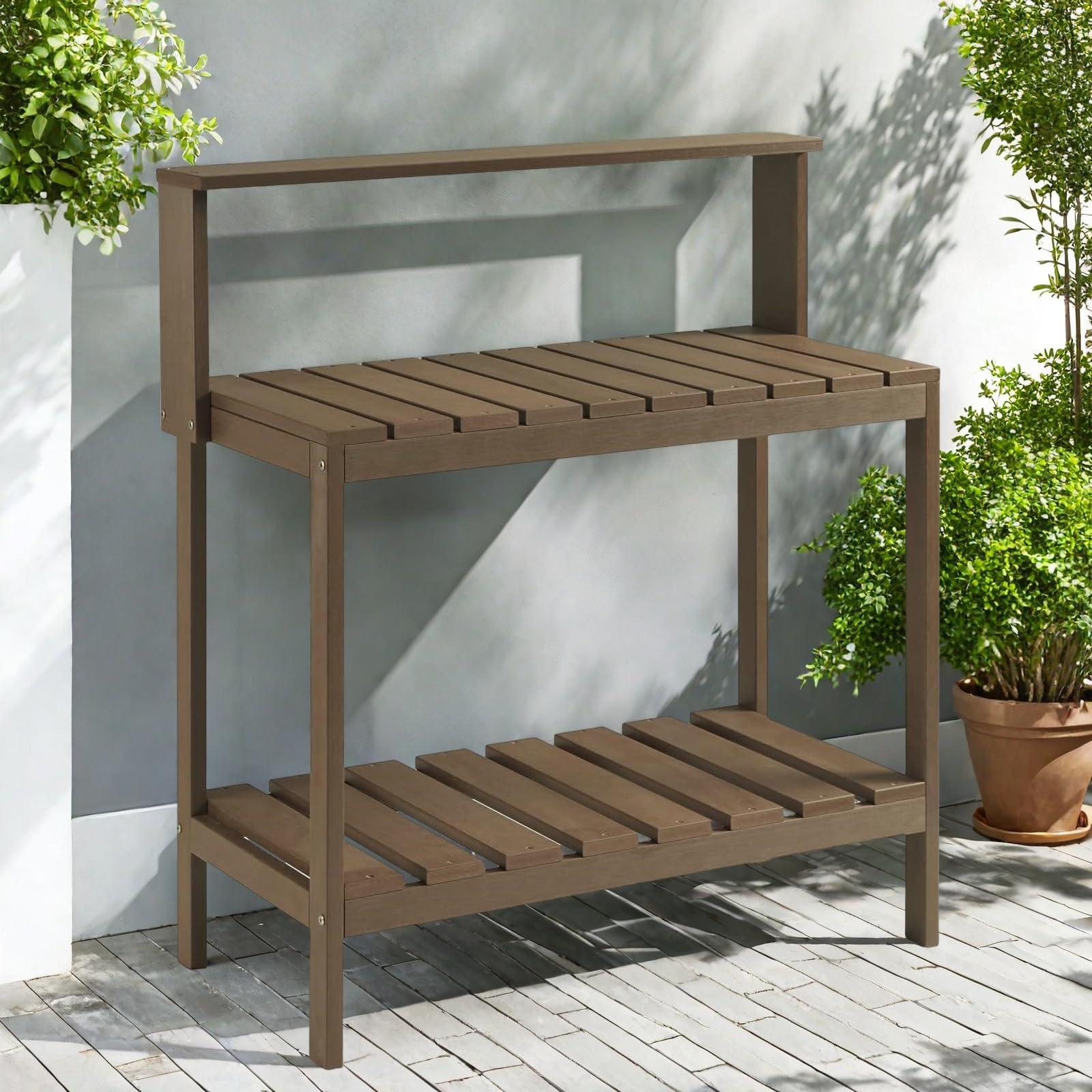 Efurden Mesa de banco para macetas, mesa para macetas al aire libre hecha de madera de polietileno, mesa de jardinería y estación de macetas, color marrón