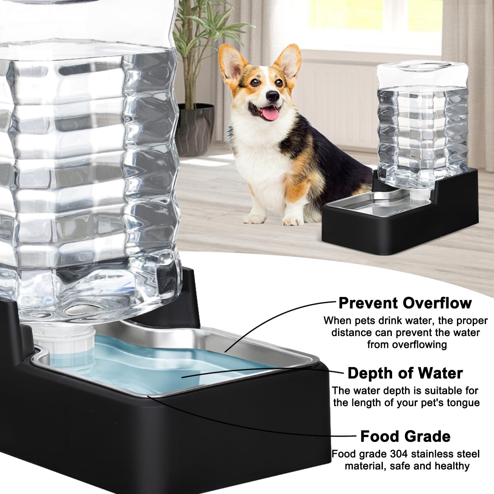 RIZZARI Dispensador de agua para mascotas de acero inoxidable: cuenco automático de gravedad a prueba de fugas de 8 L, grande para gatos, perros, uso en interiores y exteriores (negro sin filtro, 8 L)