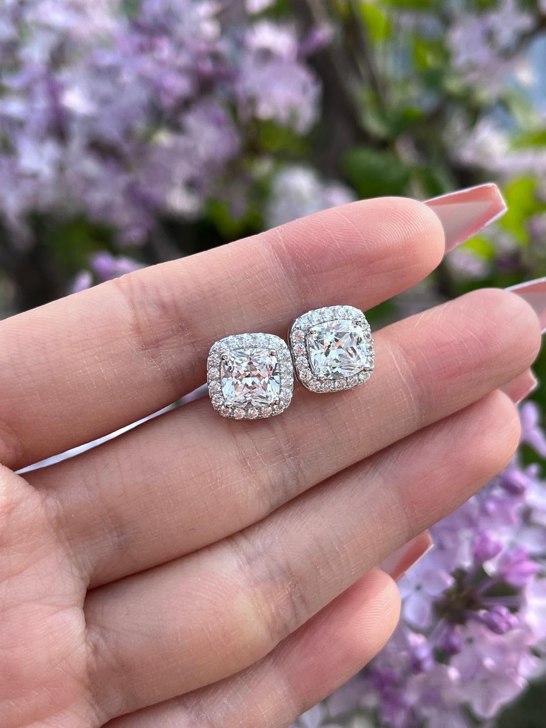 4 Pairs Silver Stud Earrings for Women, 18K Silver Plated Hypoallergenic Premium Cubic Zirconia Earrings, Halo Round Square Stud Earrings Set for Women Men