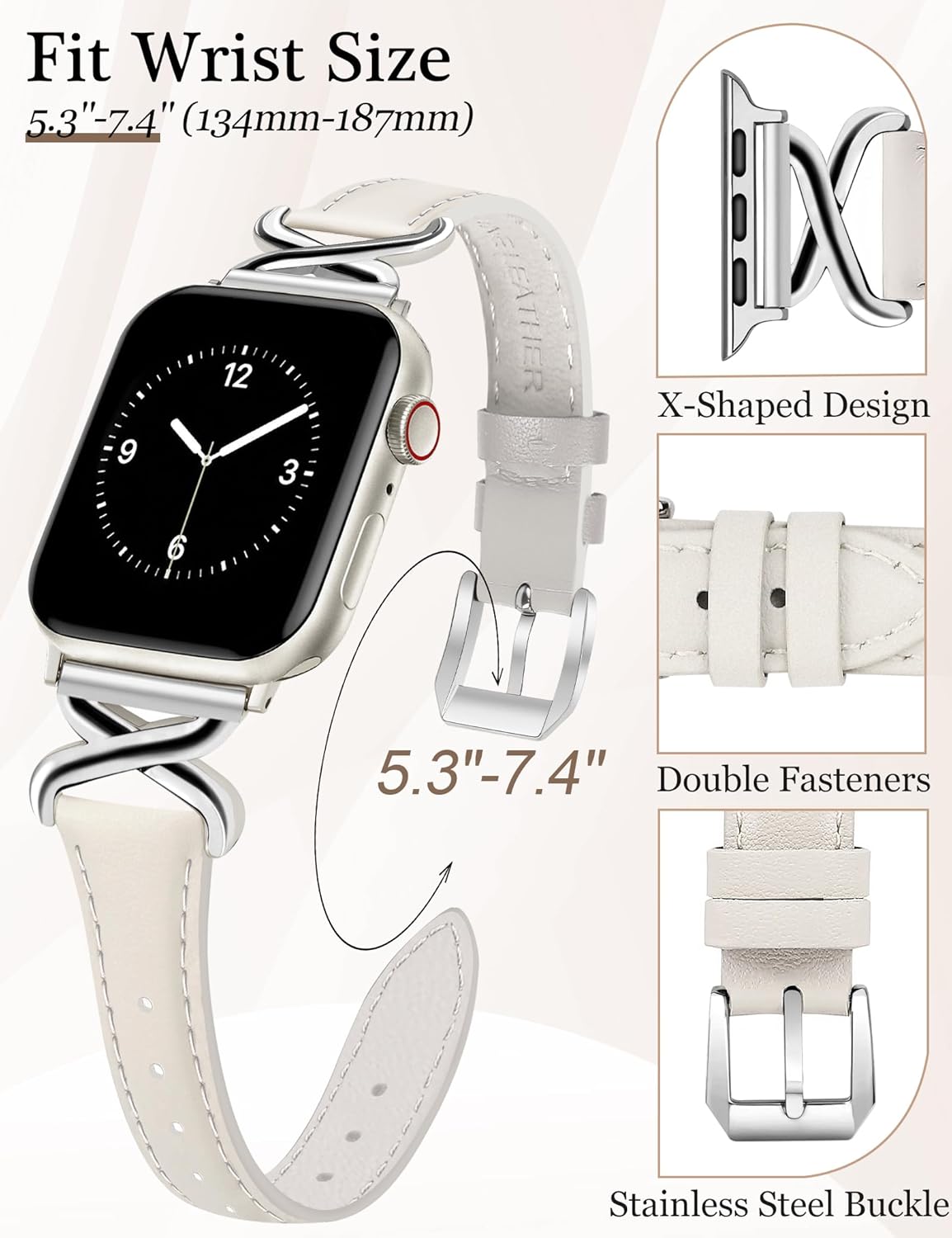 JR.DM Leather Bands Women Compatible with Apple Watch 40mm 38mm 44mm 45mm 41mm 42mm 46mm 49mm Fancy Designer Strap with X-Shaped Metal Crown for iWatch Series Ultra/SE/11/10/9/8/7/6/5/4/3/2/1 Starlight - Image 2