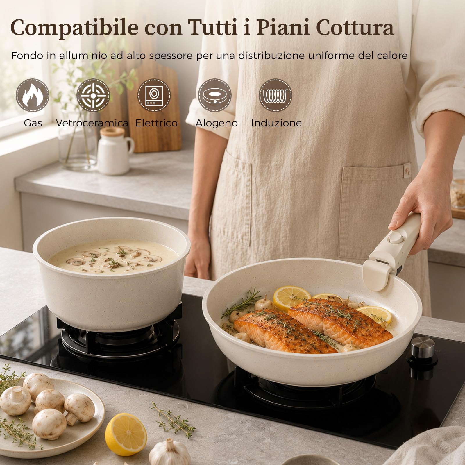 YASHE Pentole induzione 15 pezzi, atossiche, senza PTFE e PFAS | Tegame con Coperchio, Batteria da Cucina Antiaderenti in Granito, Salvaspazio Impilabile, Per Casa e Camper