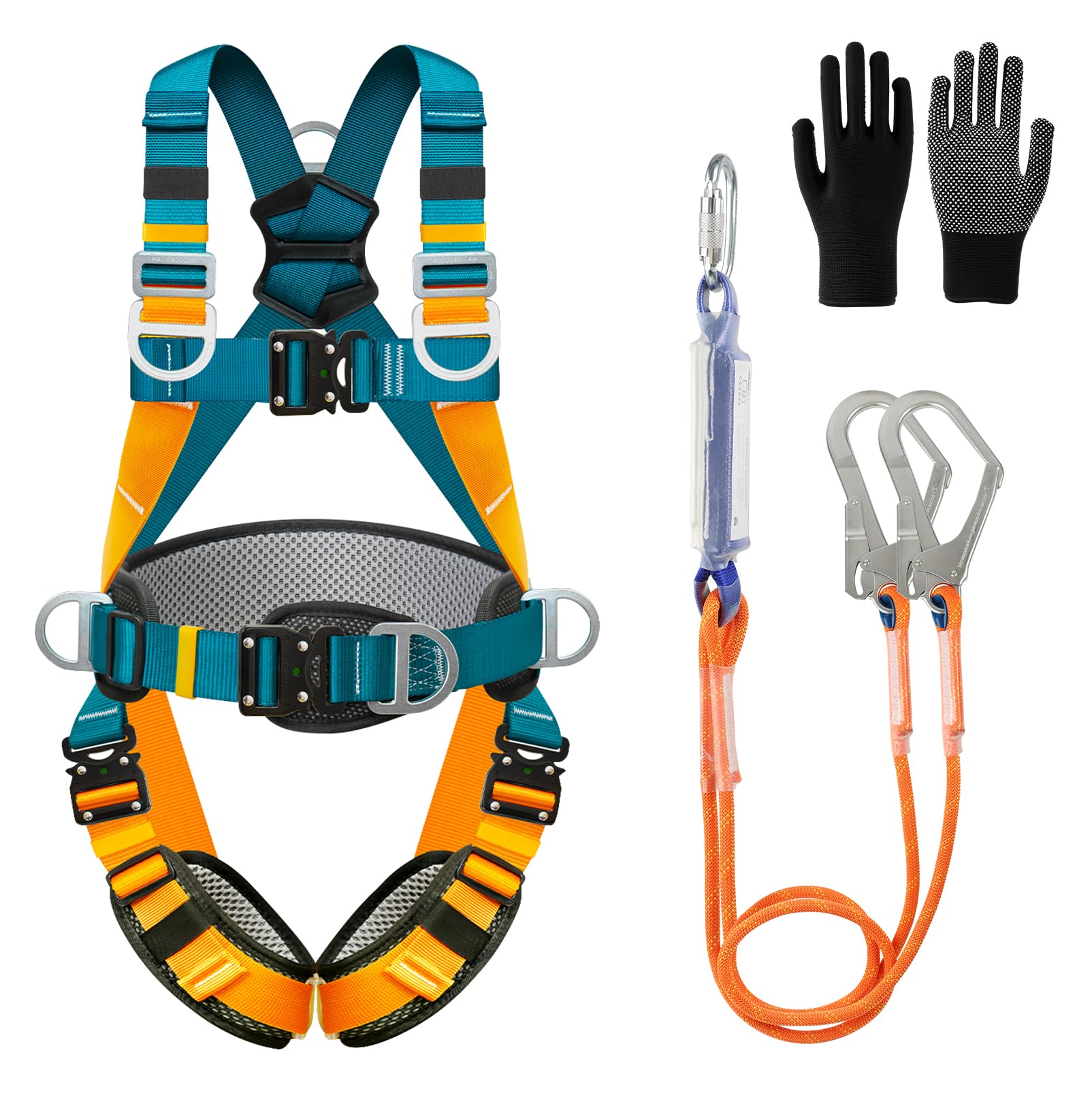 Arnes de seguridad trabajo en altura con cordones, arnes de protección anticaídas de seguridad, con 2 hebillas grandes y 2 cordones de 2 m, carga de 140 kg, para trabajos aéreos, escalada, hombres