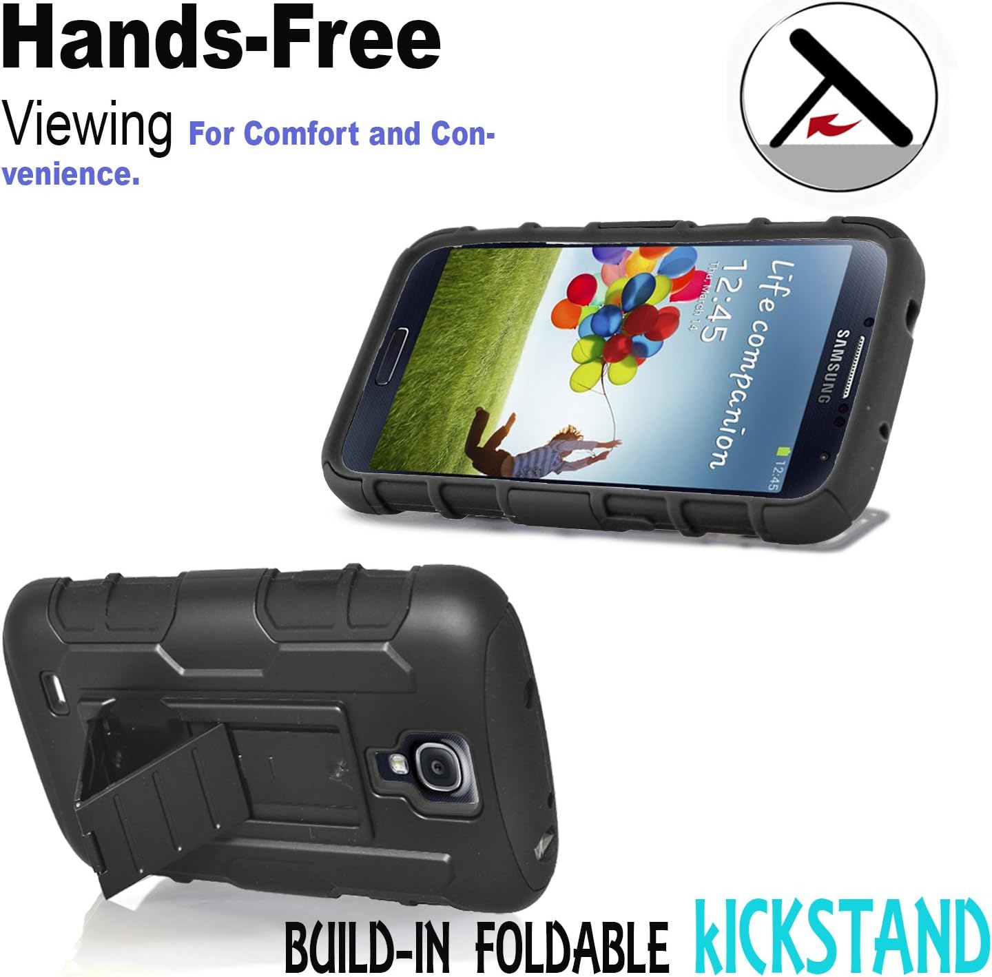 Galaxy S4 Case, Galaxy S4 i9500 Case, Starshop [Heavy Duty] Dual Layers Kickstand Case with [0.33m 9H Tempered Glass Screen Protector Included] and Locking Belt Clip (Black)