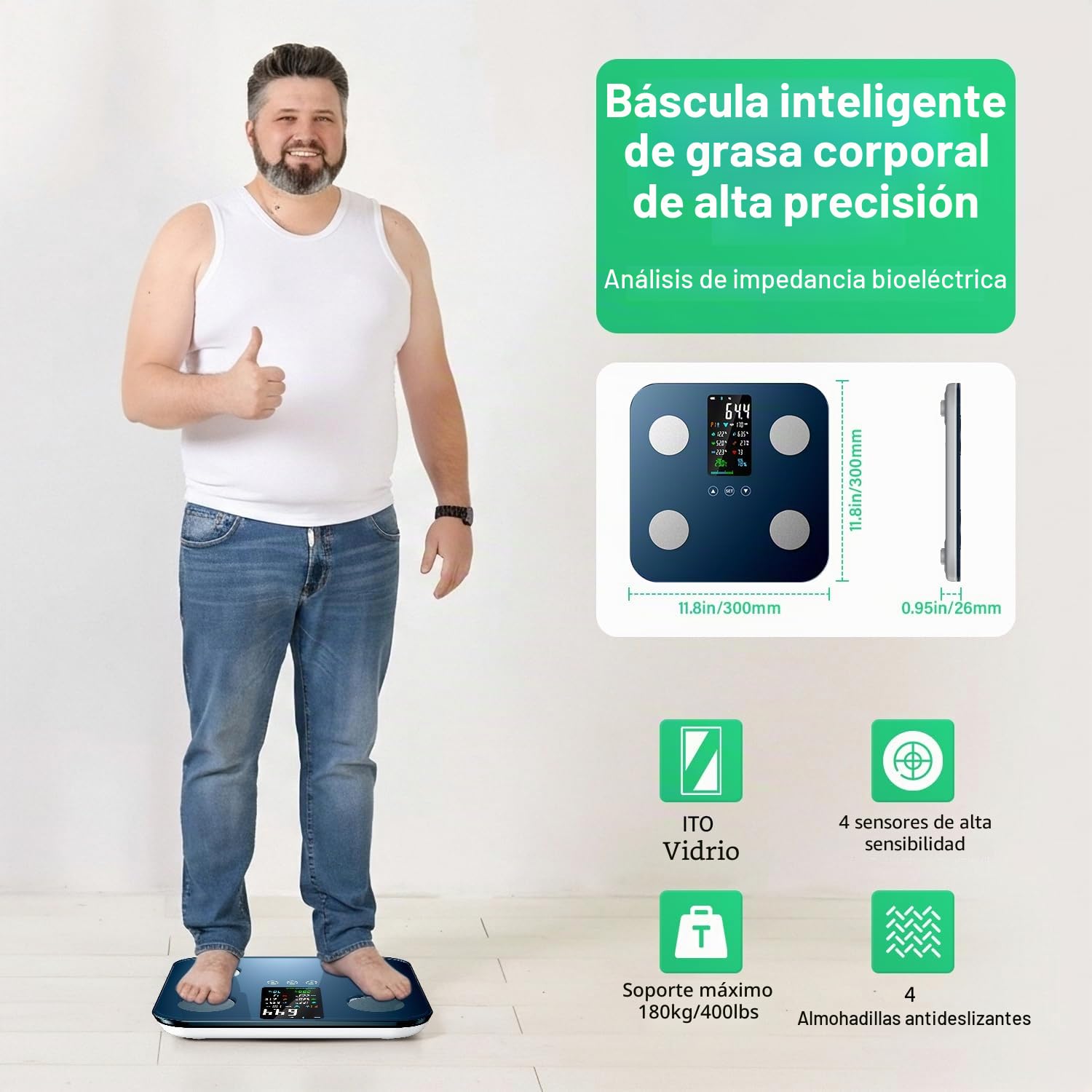 Onherm Bascula de Baño Digital, Digital Bascula Grasa Corporal y Muscular con Pantalla Grande, Con 19 Mediciónes, Balanza Peso Corporal Masa Muscular IMC, Bascula Inteligente con APP, 180kg/400lb