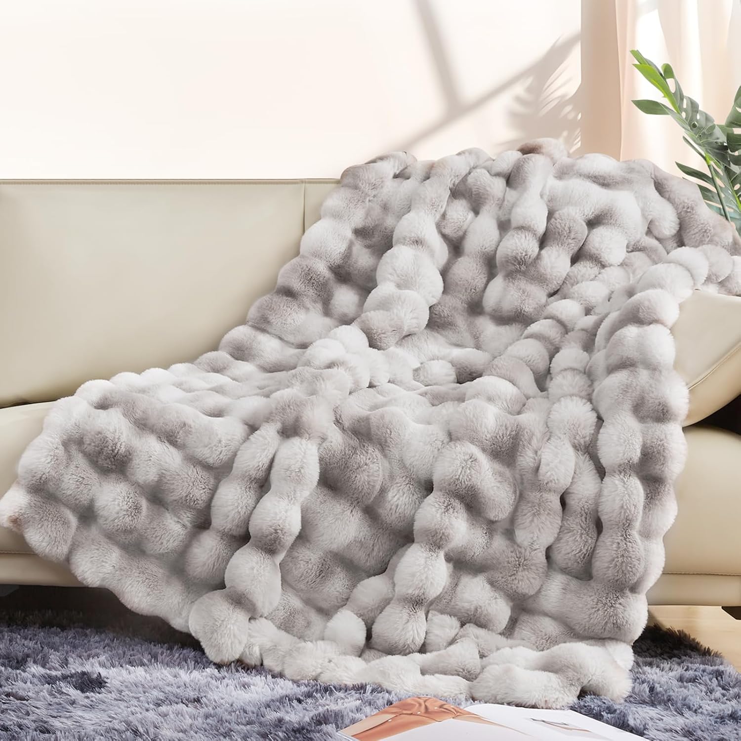 Touchat Luxury 1000GSM Faux Rabbit Fur Throw Blanket, Super Heavy Warm Cozy Grey Blankets for Couch Bed Sofa, Ruched Plush Fuzzy Elegant Soft Reversible Mink Blanket for Living Room Bedroom - Image 3