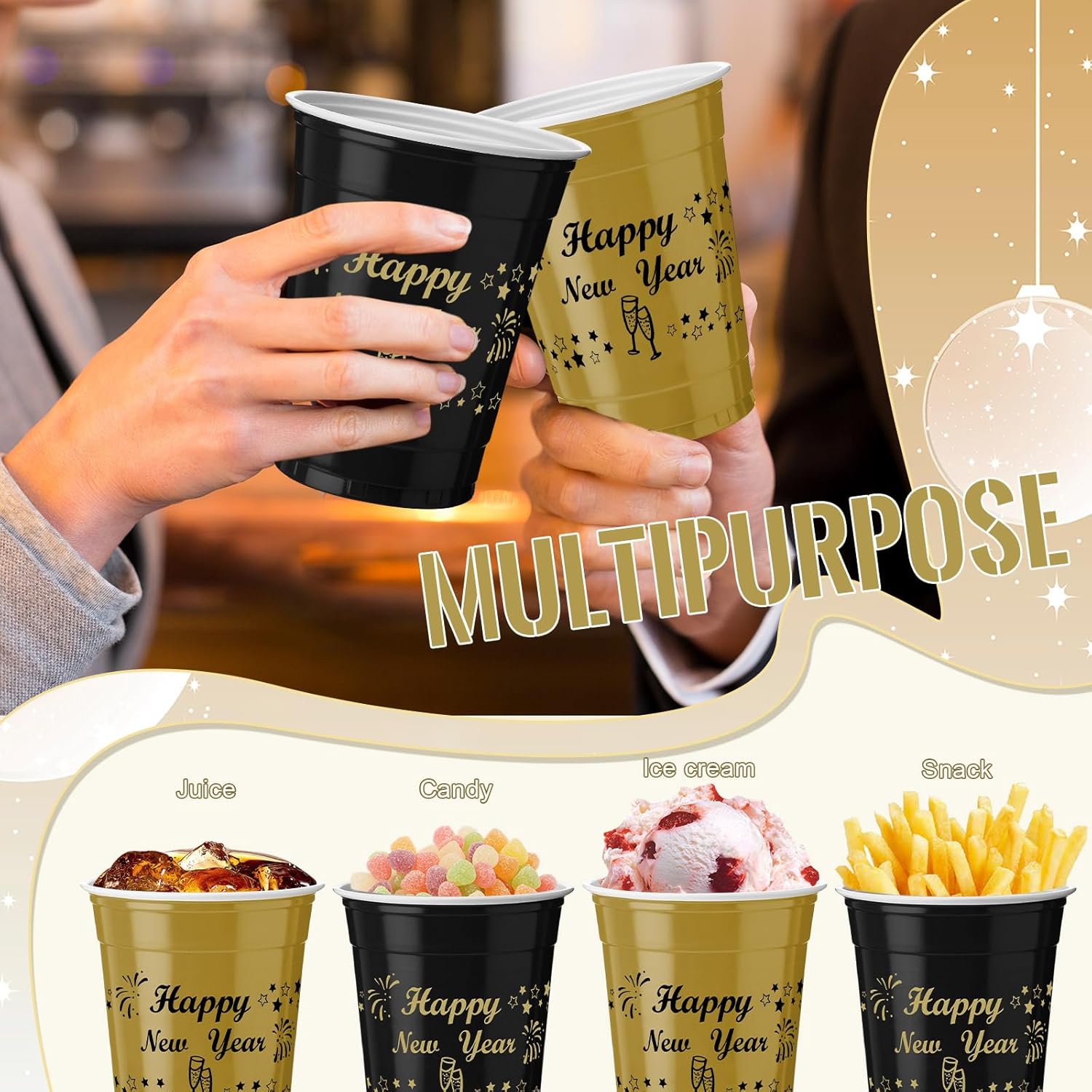 Vesici 50 Pcs 12 oz Happy New Year Disposable Plastic Cups Black Gold Drinking Cups New Year Party Supplies for Holiday Christmas - Image 4