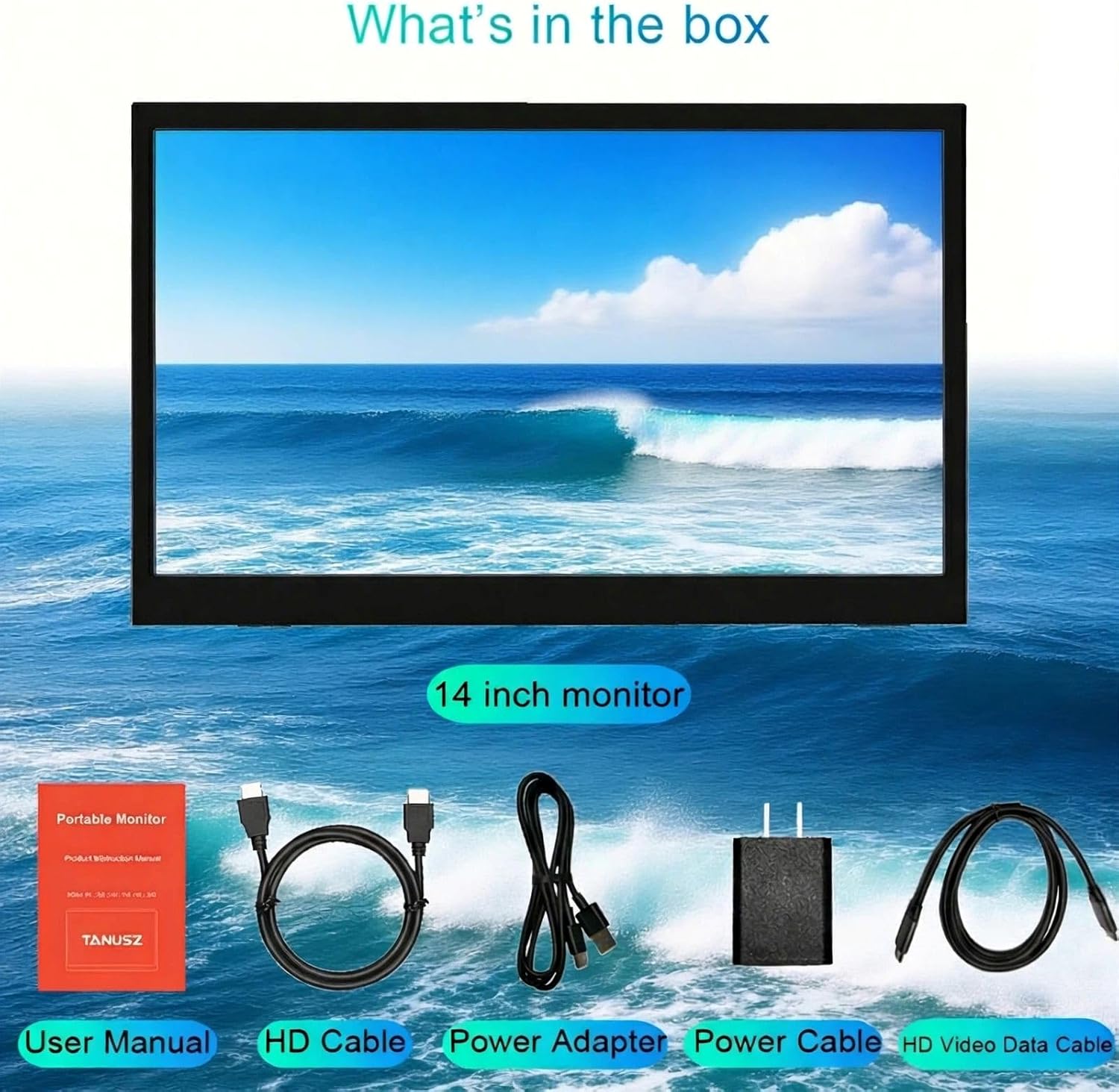 PJGCWB 14" Portable Monitor1366*768 HD USB-C HDMI Second External Monitor for Laptop,PC,Mac Phone,PS,Xbox,Swich,IPS Ultra-Thin Zero Frame Gaming Display