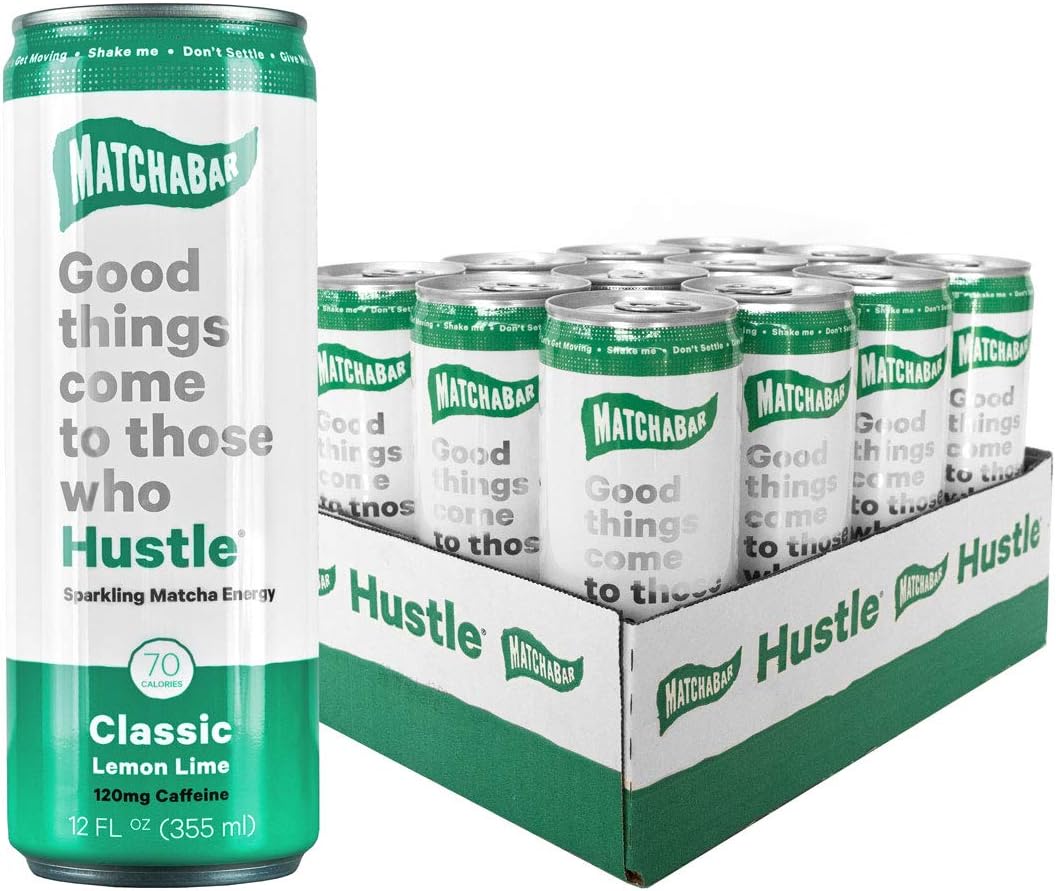MatchaBar Hustle Energy Drink, Original Sparkling Natural Matcha Energy with Caffeine, Antioxidants, L-Theanine. 12 fl. oz. (Pack of 12)