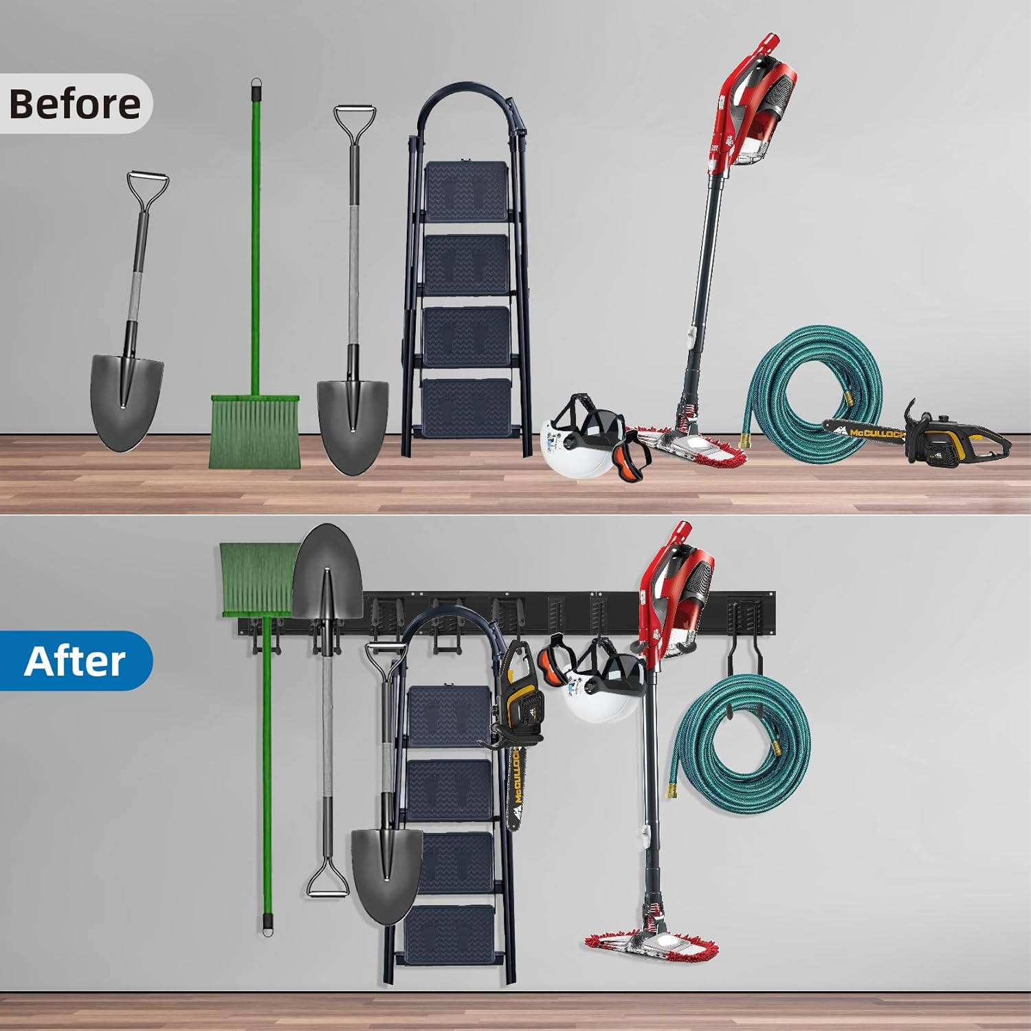 Sinoer Heavy Duty Steel Garage Wall Mount Garden Tool Organizer with 9 Adjustable Metal Hooks and 2 Straps, for Garden Tools, Chairs, Brooms, Mops, Rakes, Shovel