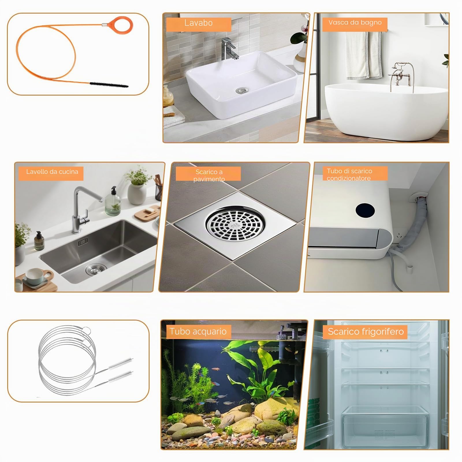 Set da 7 Stura Lavandini e Scarichi, Strumento di Rimozione dei Capelli a Serpente da 76 cm + Spazzola Per Pulizia Flessibili da 150 cm Pulitore per Lavandini, Docce, Vasche e Tubi