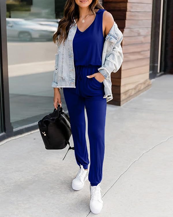 KIRUNDO Women 2026 Summer Jumpsuits Casual Sleeveless Drawstring Elastic Waist Romper Vacation Cruise Airport Travel Outfits(Blue, Small) by KIRUNDO - Used condition - Image 4