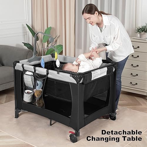 Miniatura 2 de Empaca y juega con cambiador y bolsa de transporte, corralito portátil 4 en 1 para recién nacidos a niños pequeños, cuna de viaje plegable con