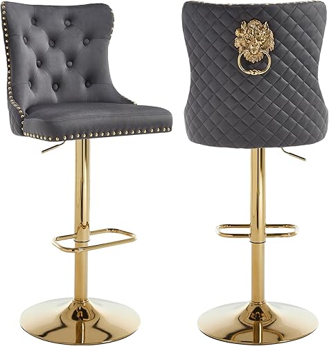 Miniatura 58 de Juego de 4 taburetes de bar giratorios ajustables de terciopelo con respaldo copetudo, ribete de cabezas de clavos y anillo de tracción, sillas de