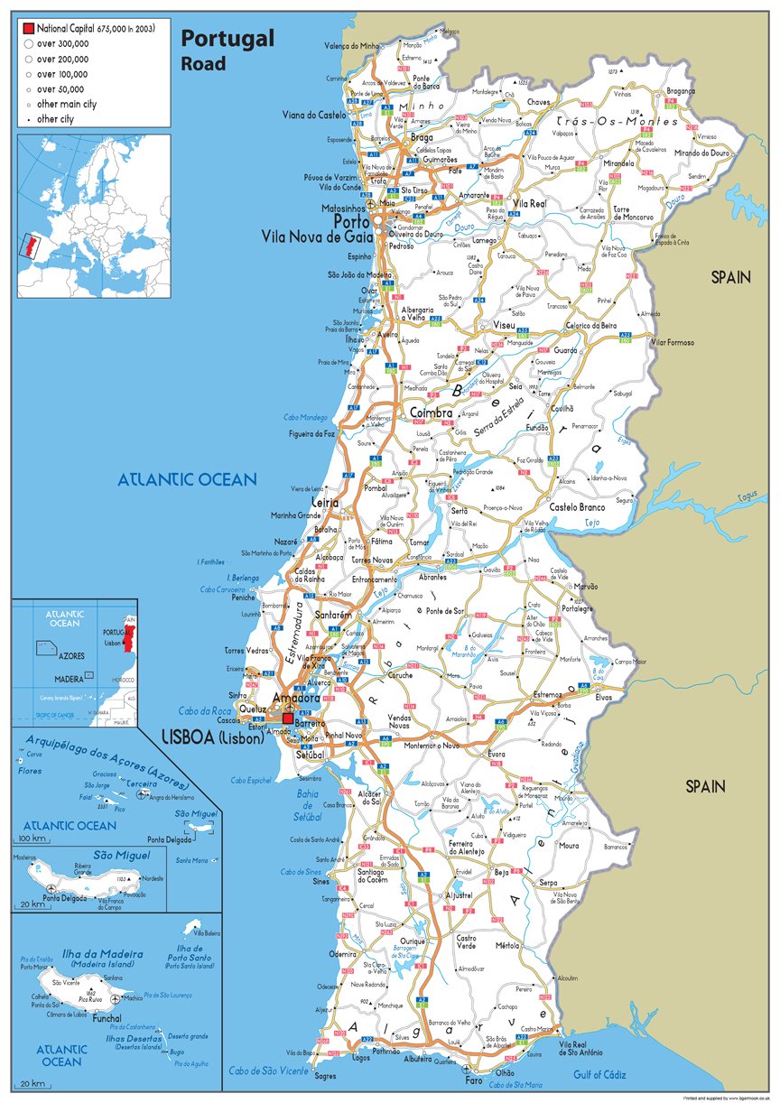 Road Map of Portugal - Size A2-59.4 x 42cm - Paper Laminated