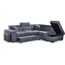 Chenille Blue L Shaped Corner Sofa Bed with Storage Ottoman, Adjustable Headrests and 2x Foot Stools - Durable Fabric Modular Sectional Pull Out Sofa Bed 4 Seater with Black Metal Feet - RIGHT HAND