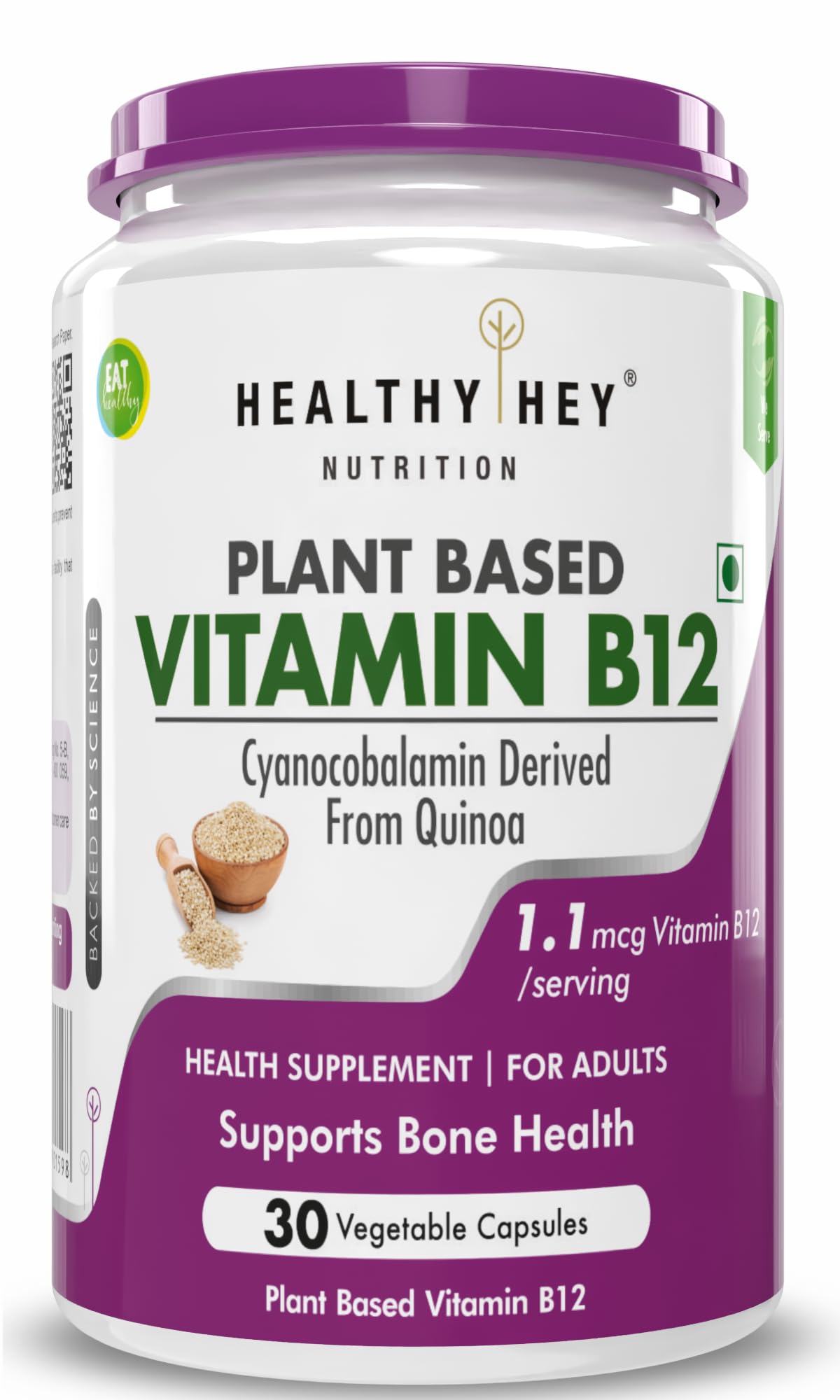 HealthyHey Nutrition 100% Natural Vitamin B12 - Support Immune Health | Non-Synthetic, No-Chemical | 30 Veg. Capsules