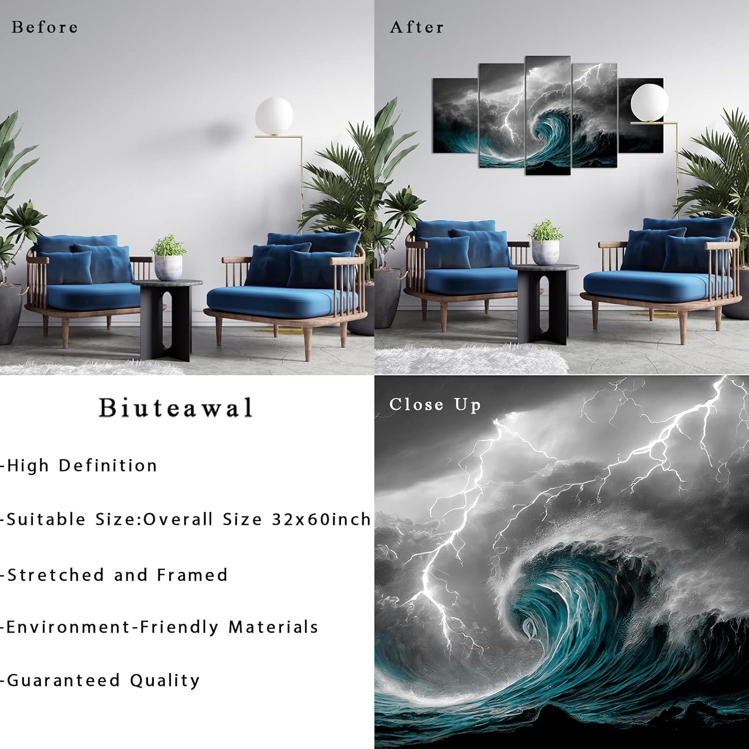 Biuteawal 5 Panel Black White Canvas Print Storm Sea Wall Art Blue Ocean Wave Seascape Pictures Nature Lightning Artwork Cool Nature Painting Poster Prints Stretched Framed Modern Home Living Room