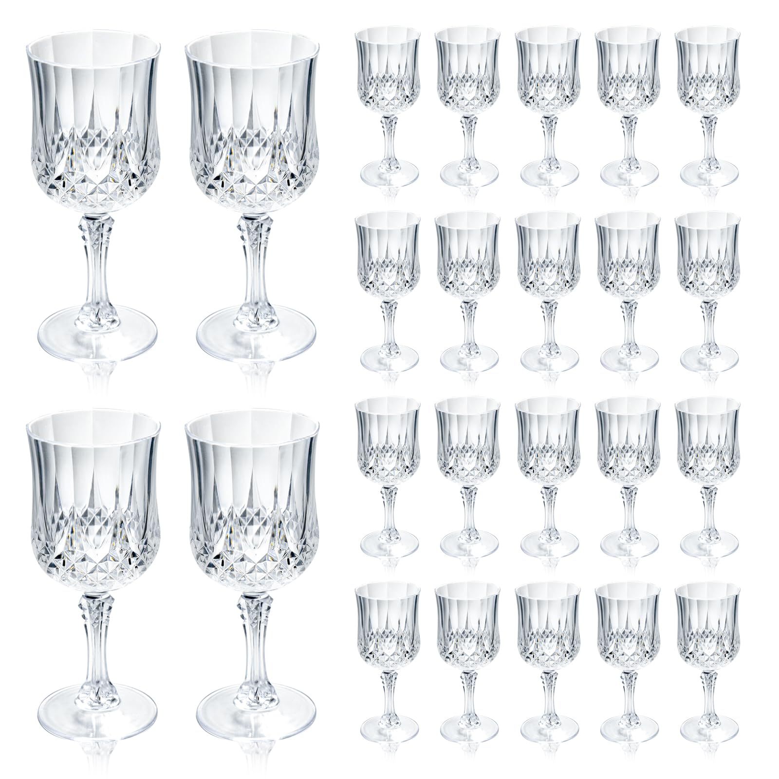 Photo 1 of CHLJAR 24 PCS Plastic Clear Wine Glasses Goblets Clear Vintage Wine Glasses, Reusable Drinkware Vintage Champagne, Plastic Goblets for Parties for Wedding Reception Grand Event Party, 7oz