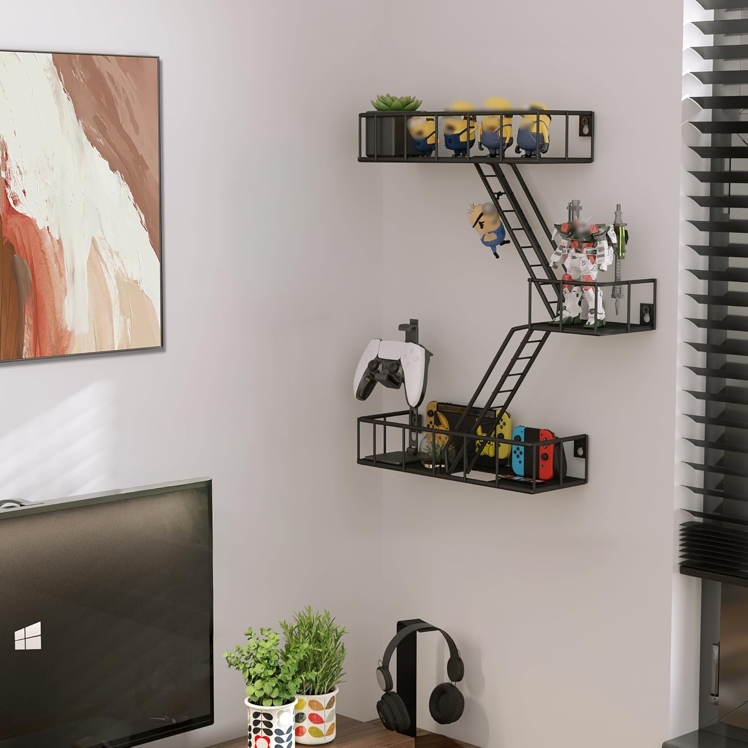 Fire Escape Shelf - 3 Tier Metal Black Fire Escape Wall Shelves with Baskets, New York Action Figurine Display Shelf, Unique Rustic Floating Decorative Wall Shelves for Any Room