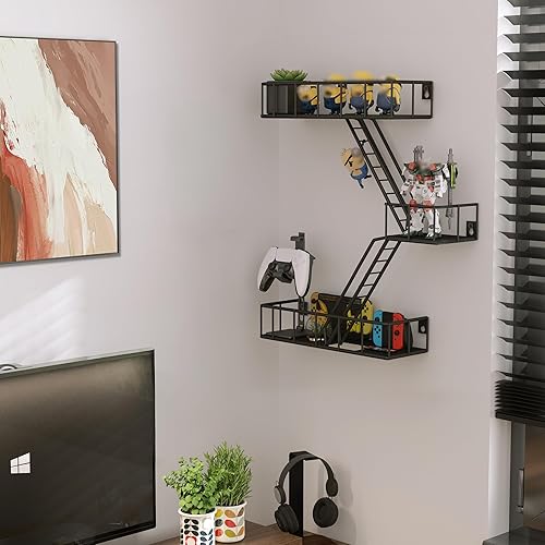 Miniatura 6 de Estante de pared de escalera de escape de incendios de metal, estantes de pared de escape de incendios negros de 3 niveles con cestas, estante de