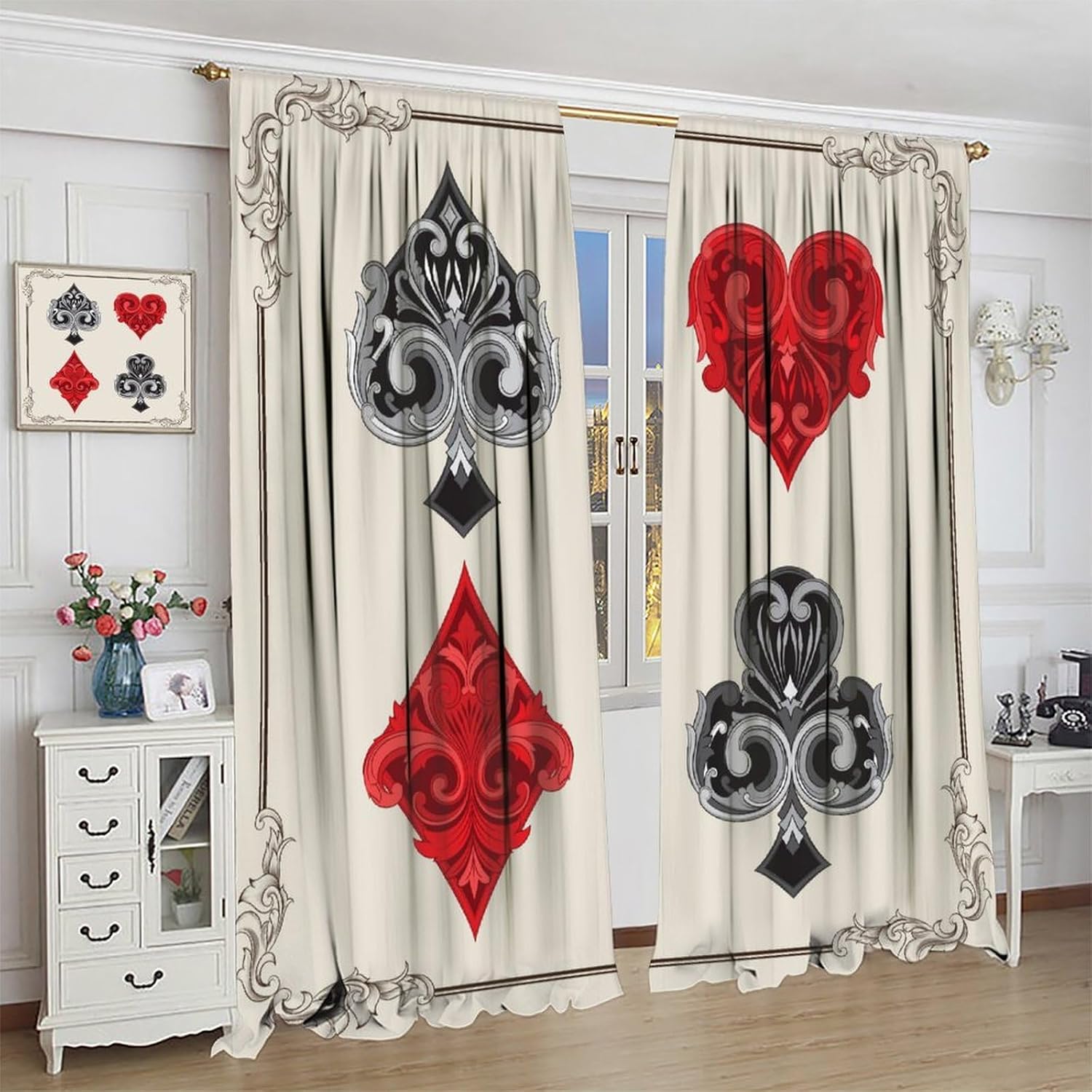 Poker Curtains 3D Playing Cards Casino Chips Gambling Curtain with Rod Pocket for Bedroom Living Room Home Decor Drapes Thermal Insulated Window Treatments 2 Panels Set 55x63in