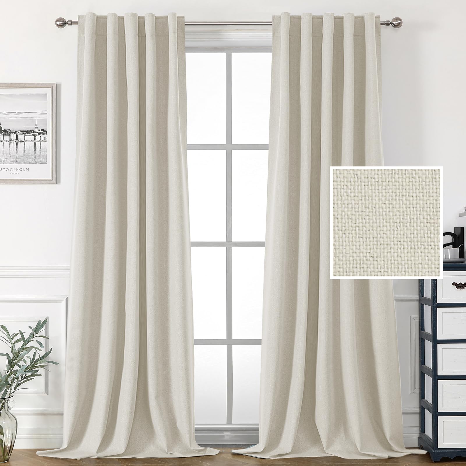 H.VERSAILTEX 100% Blackout Linen Look Curtains for Bedroom Full Light Blocking Drapes with Double Face Linen Back Tab Loop Pocket Textured Burlap Curtain for Living Room 2 Panels, 42 x 84 Inch, Ivory