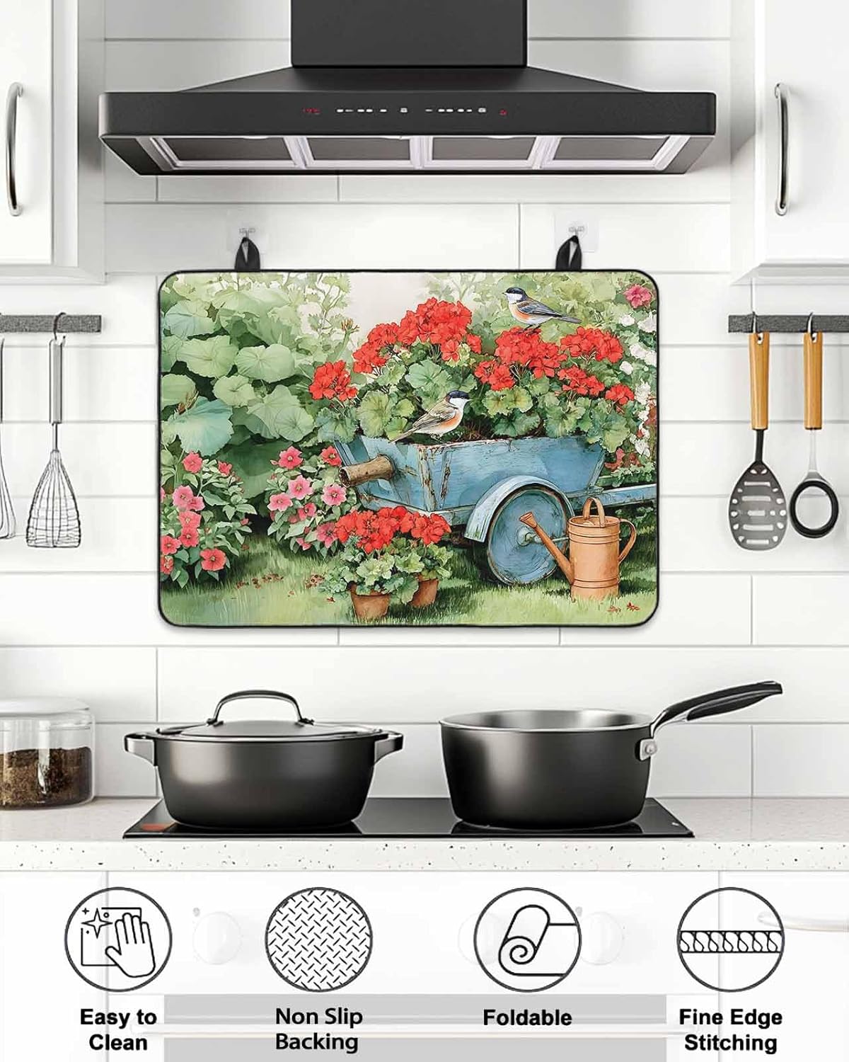 Spring Flowers Stove Cover for Electric Stove, Vintage Blue Stroller Birds Red Floral Leaf Grass Stove Top Cover for Glass Top, Heat Insulation Rubber Mat Foldable Cooktop Top Protector, 28.5"x20.5"