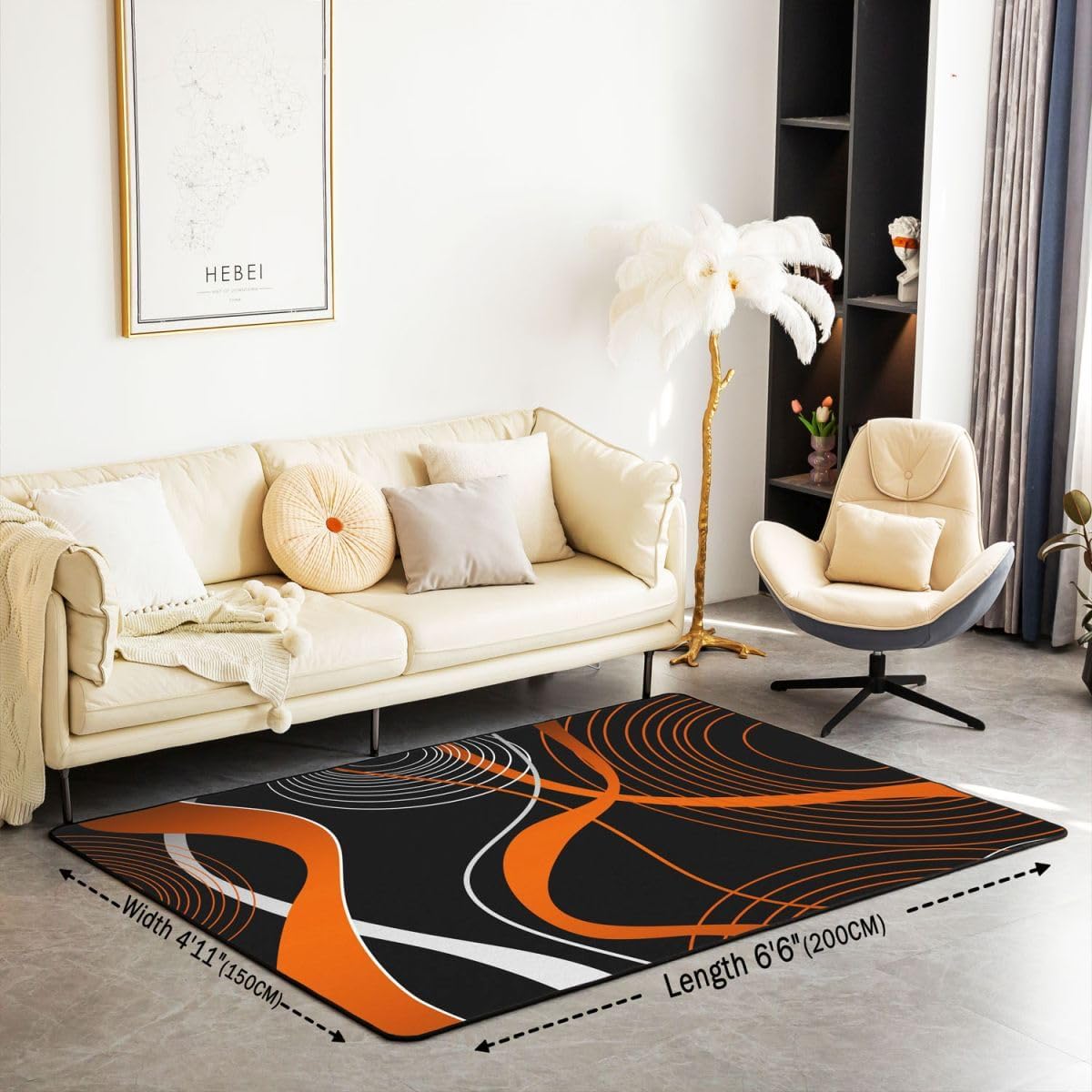 Erosebridal Geometric Area Rug 5x7, Stripe Line Rug for Men Women, Orange Black White Carpet for Living Room, Modern Art Swirl Waves Abstract Circle Retro Washable Accent Rug